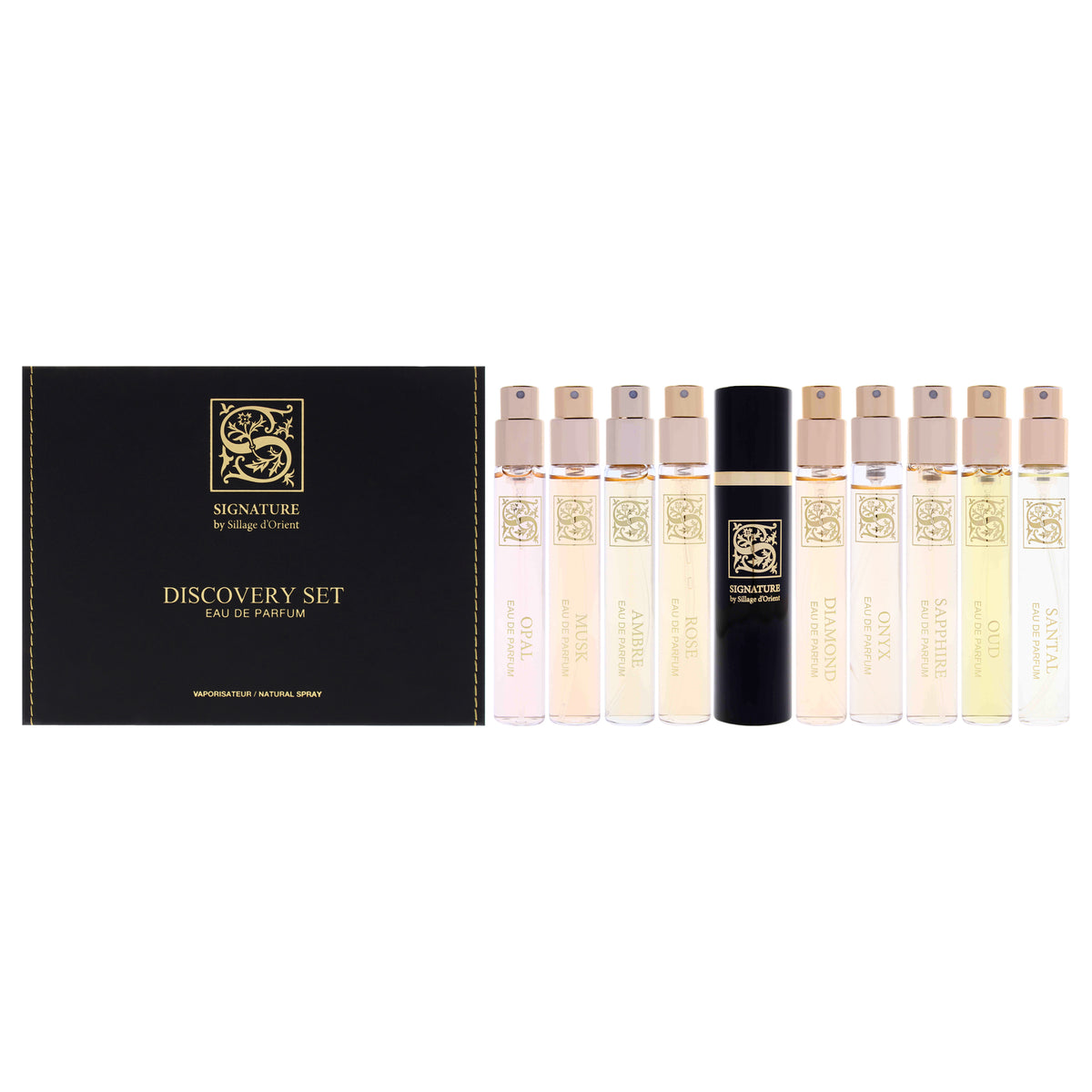 Signature Discovery Set by Sillage dOrient for Women - 10 Pc Mini Gift Set 0.34oz Sandal EDP Spray Vial (Mini), 0.34oz Saphire EDP Spray Vial (Mini), 0.34oz Musk EDP Spray Vial (Mini), 0.34oz Rose EDP Spray Vial (Mini), 0.34oz Oud EDP Spray Vial (Min