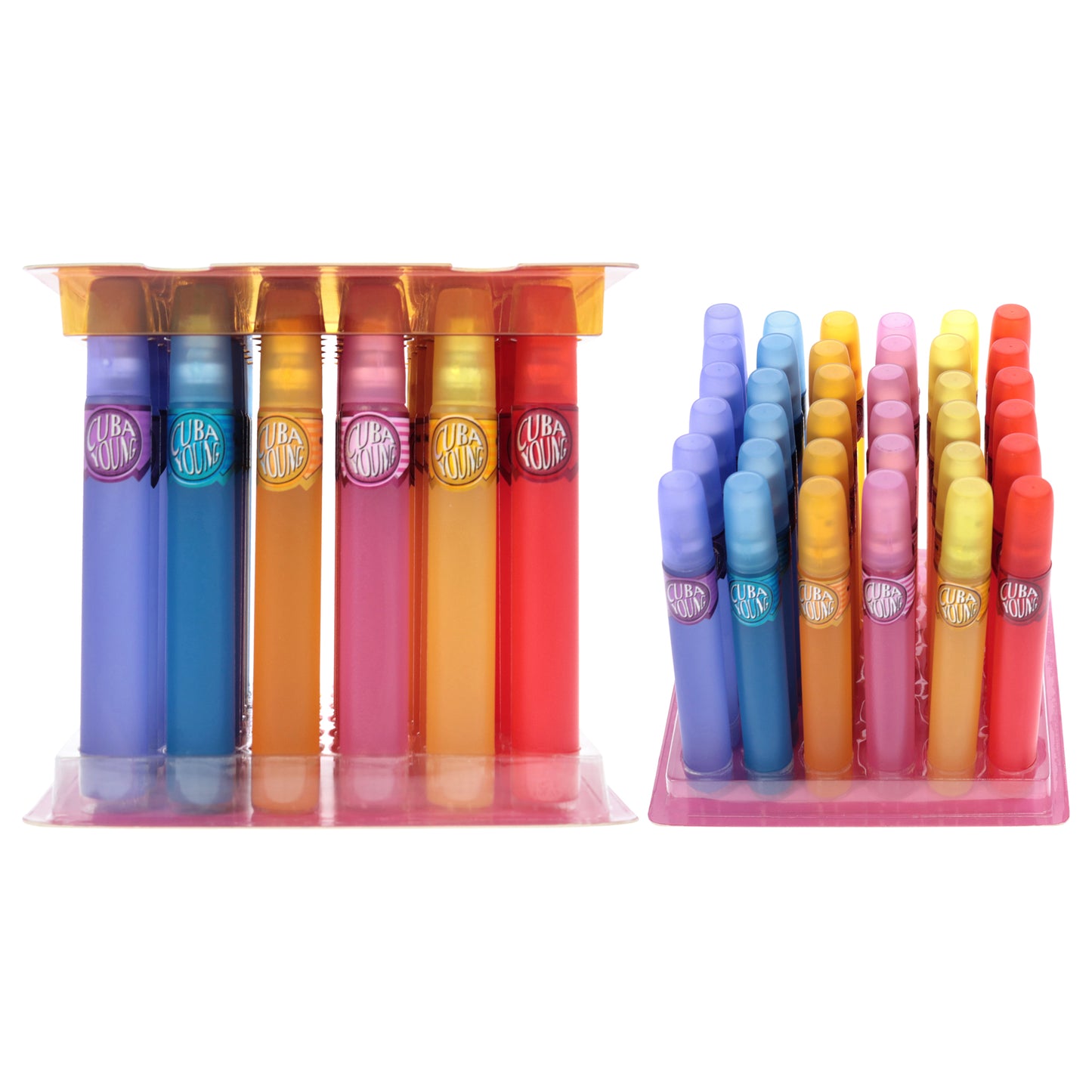 Cuba Young by Cuba for Women - 36 Pc Gift Set 6 x 0.5oz Red EDP Spray, 6 x 0.5oz Pink EDP Spray, 6 x 0.15oz Purple EDP Spray, 6 x 0.5oz Yellow EDP Spray, 6 x 0.5oz Orange EDP Spray, 6 x 0.5oz Blue EDP Spray