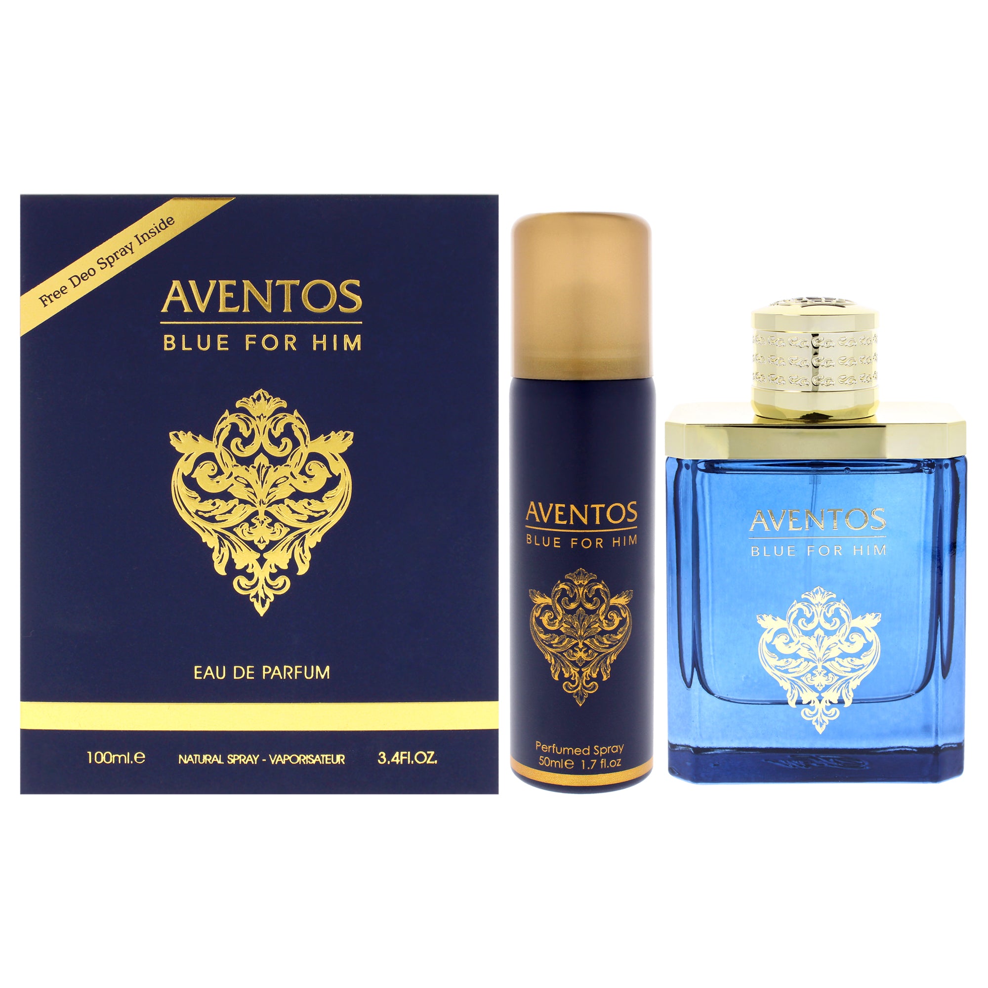Aventos Blue by Fragrance World for Men - 2 Pc Gift Set 3.4oz EDP Spray, 1.7oz Body Spray