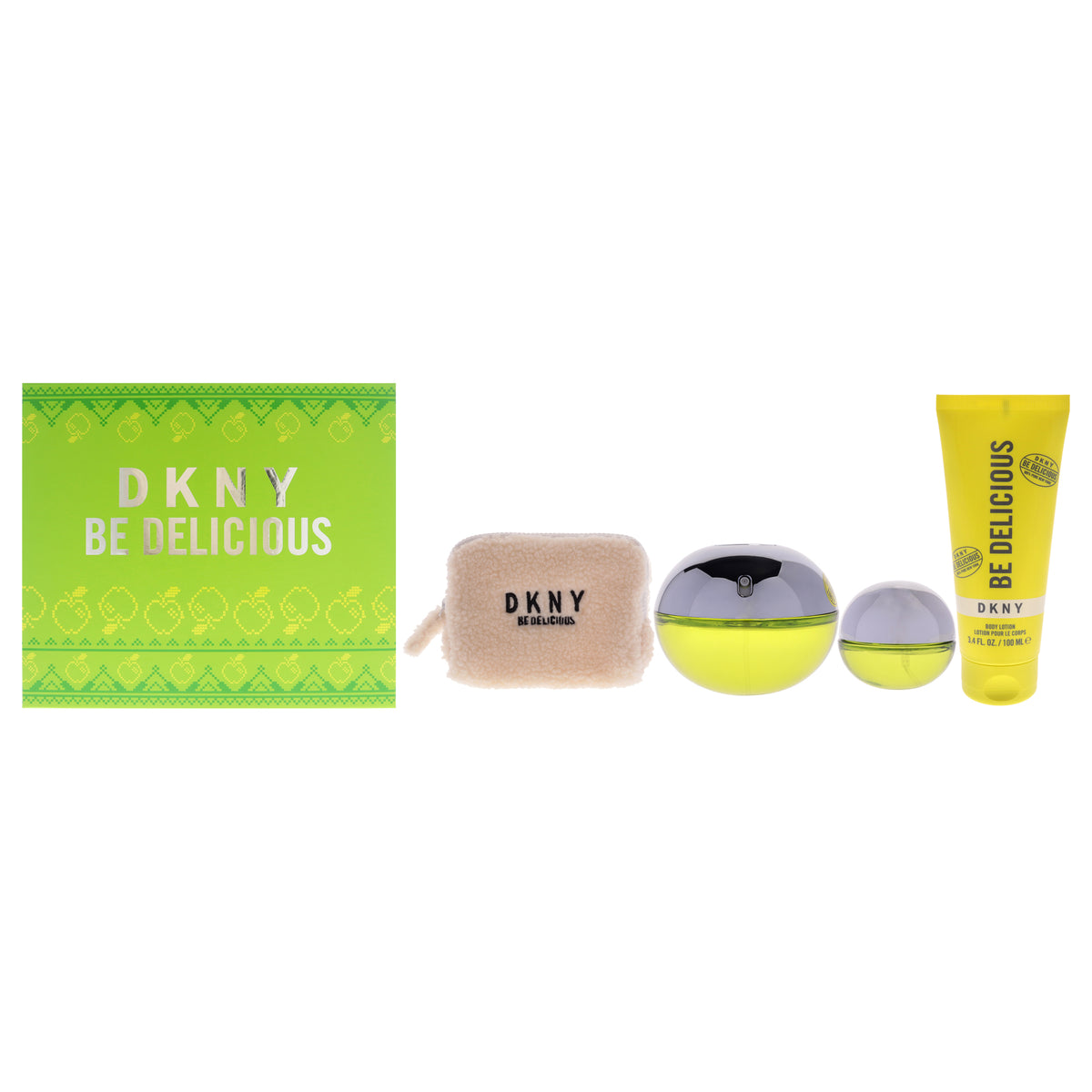DKNY Be Delicious by Donna Karan for Women - 4 Pc Gift Set 3.4oz EDP Spray, 0.5oz EDP Spray, 3.4oz Body Lotion, Pouch