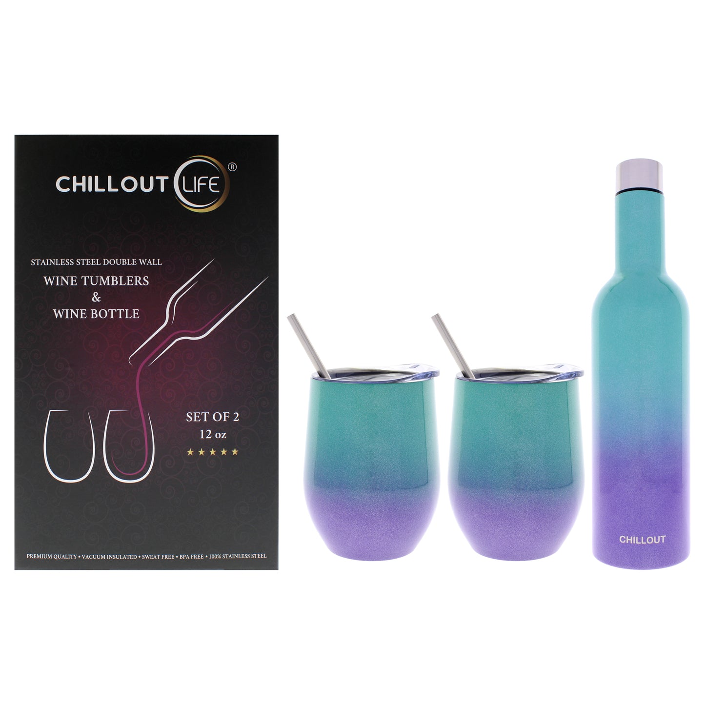 Stainless Steel Double Wall Wine Tumbler and Wine Bottle - Mermaid Sparkle by Chillout Life for Unisex - 3 Pc 2 x 12oz Stainless Steel Wine Tumbler, 2 Stainless Steel Straw, 2 Crystal Clear Splash Proof Lid, 2 Silicone Straw Tips, Straw Cleaning Brus