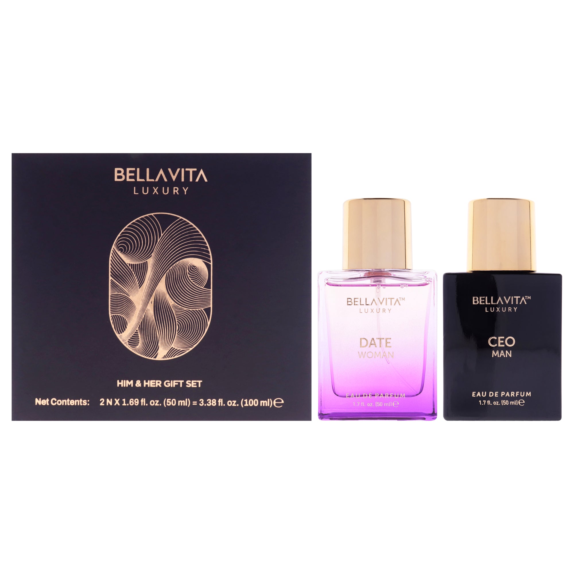 Luxury Him and Her Gift Set by Bellavita for Unisex - 2 Pc Gift Set 1.69oz Ceo Man EDP Spray, 1.69oz Date Women EDP Spray