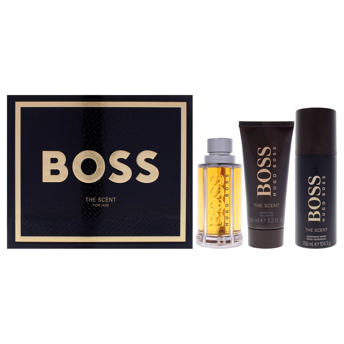 Boss The Scent by Hugo Boss for Men - 3 Pc Gift Set 3.3oz EDT Spray, 3.3oz Shower Gel, 5oz Deodorant Spray