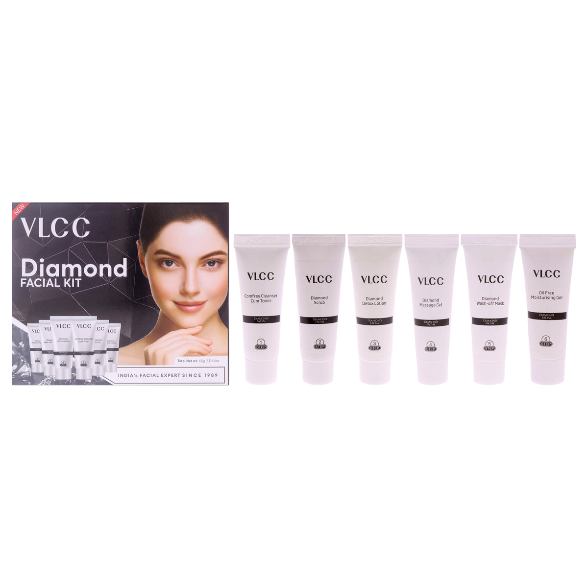 Diamond Facial Kit by VLCC for Women - 6 Pc 0.35oz Comfrey Cleanser Cum Toner, 0.35oz Diamond Scrub, 0.35oz Diamond Detox Lotion, 0.35oz Diamond Massage Gel, 0.35oz Diamond Wash Off Mask, 0.35oz Oil Free Moisturising Gel