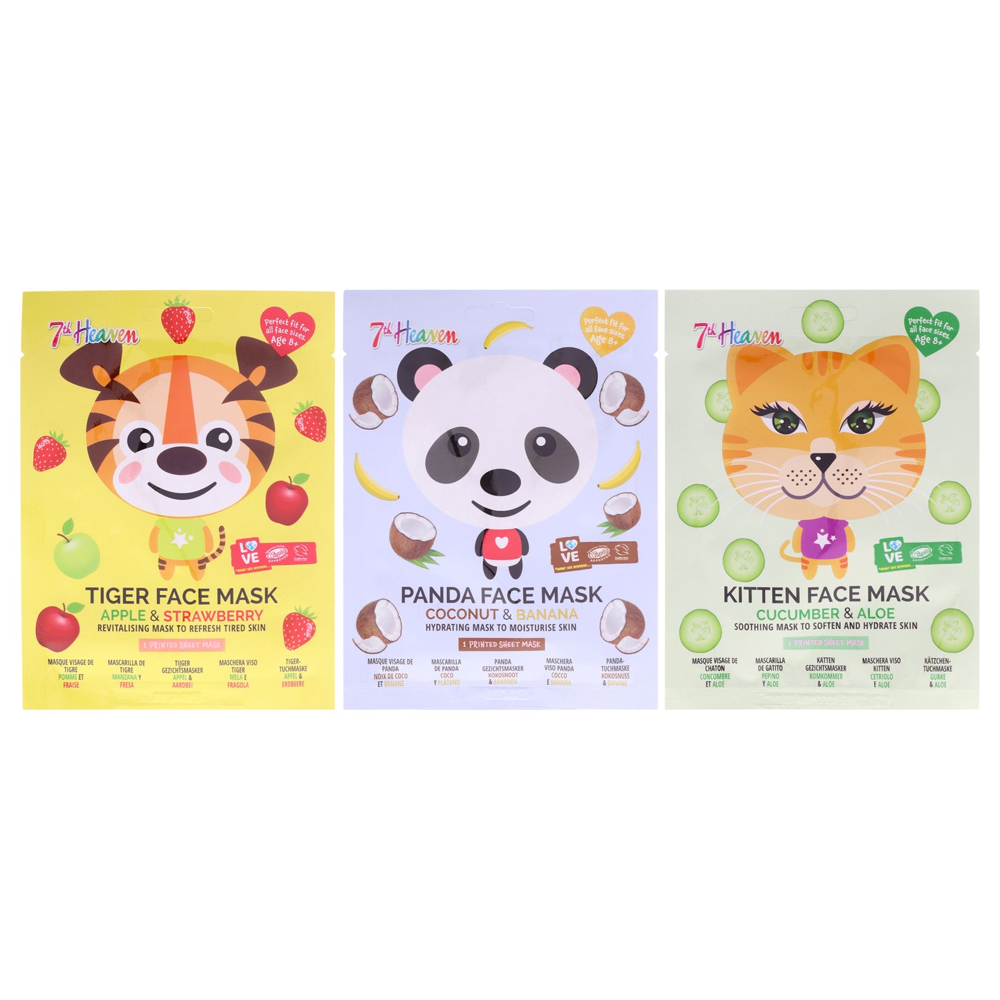 Animal Face Mask Multipack by 7th Heaven for Kids - 3 Pc Kitten Face Mask, Tiger Face Mask, Panda Face Mask