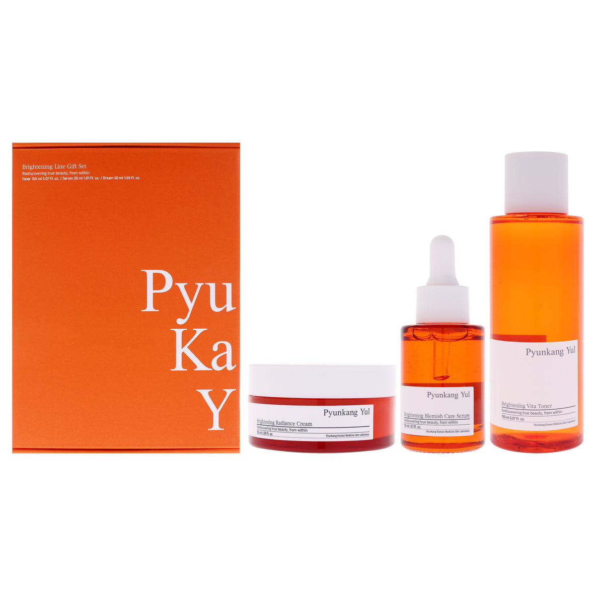 Brightening Line by Pyunkang Yul for Unisex - 3 Pc 5.07oz Vita Toner, 1.01oz Blemish Care Serum, 1.69oz Radiance Cream
