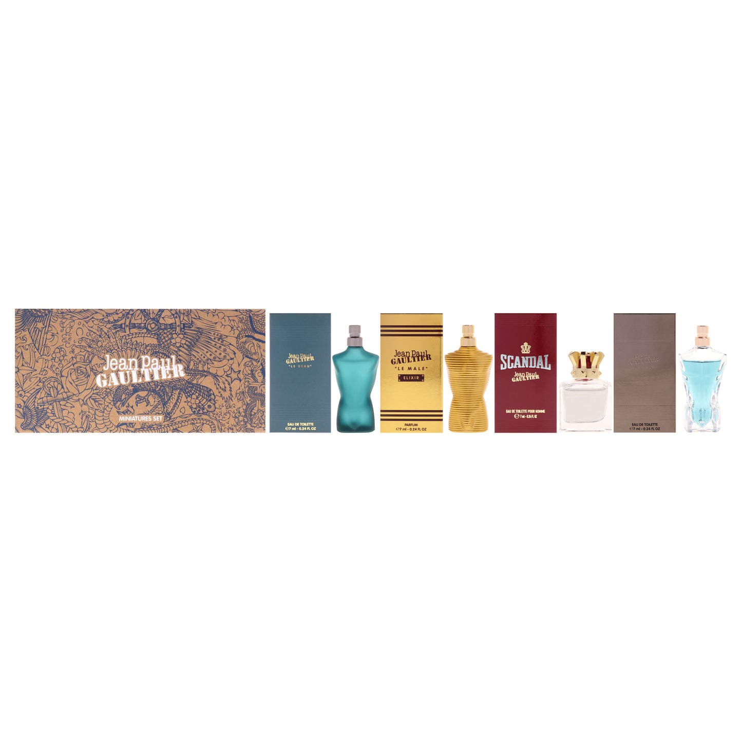 Miniatures Set by Jean Paul Gaultier for Men - 4 Pc Mini Gift Set 0.24oz Le Male EDT Spray, 0.24 Le Male Elixir EDP Spray, 0.24oz Scandal EDT Spray, 0.24oz Le Beau EDT Spray