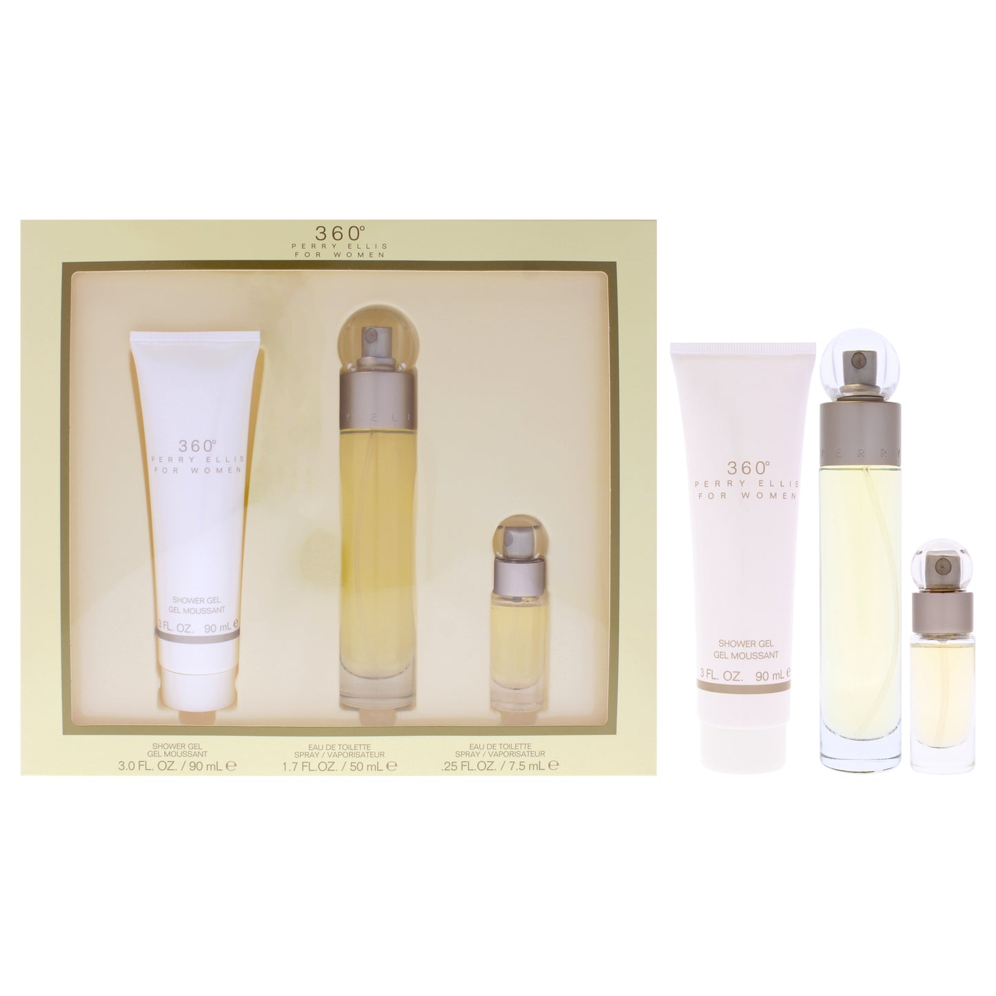 360 by Perry Ellis for Women - 3 Pc Gift Set 1.7oz EDT Spray, 0.25oz EDT Spray (Mini), 3oz Shower Gel