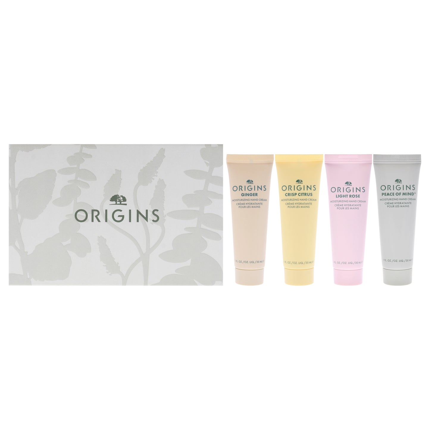 Hand Cream Essentials Set by Origins for Unisex - 4 Pc 1oz Peace Of Mind Moisturizing Hand Cream, 1oz Crisp Citrus Moisturizing Hand Cream, 1oz Ginger Moisturizing Hand Cream, 1oz Light Rose Moisturizing Hand Cream