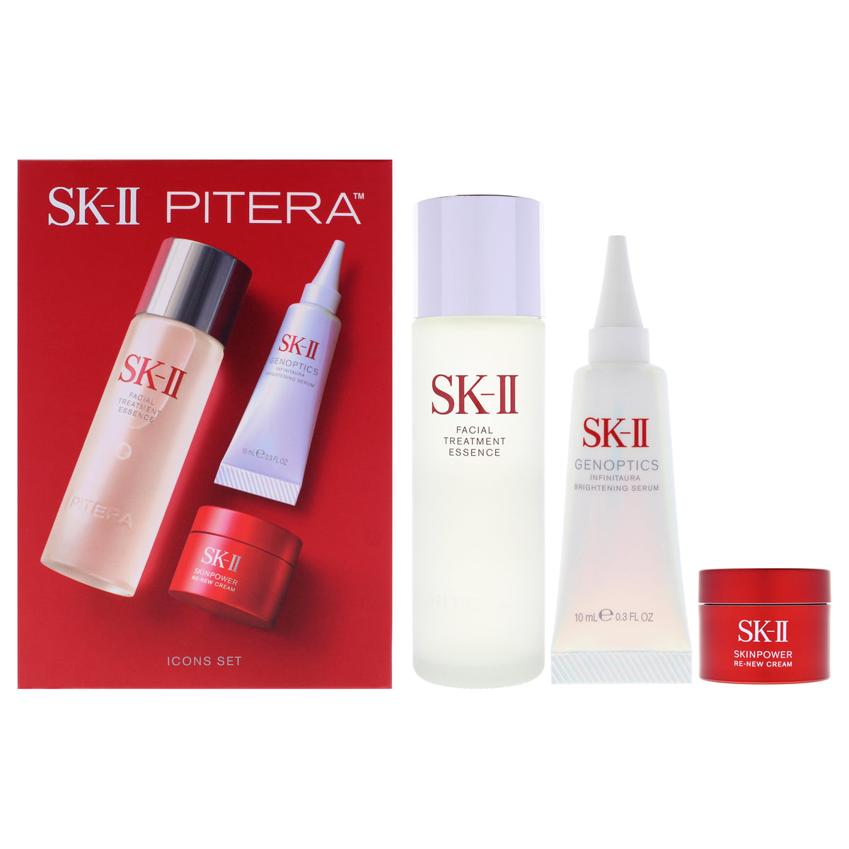 Pitera Icons Trial Set by SK-II for Unisex - 3 Pc 2.5oz Facial Treatment Essence, 0.5oz Skinpower Re-New Cream, 0.3oz Genoptics Infinitaura Brightening Serum