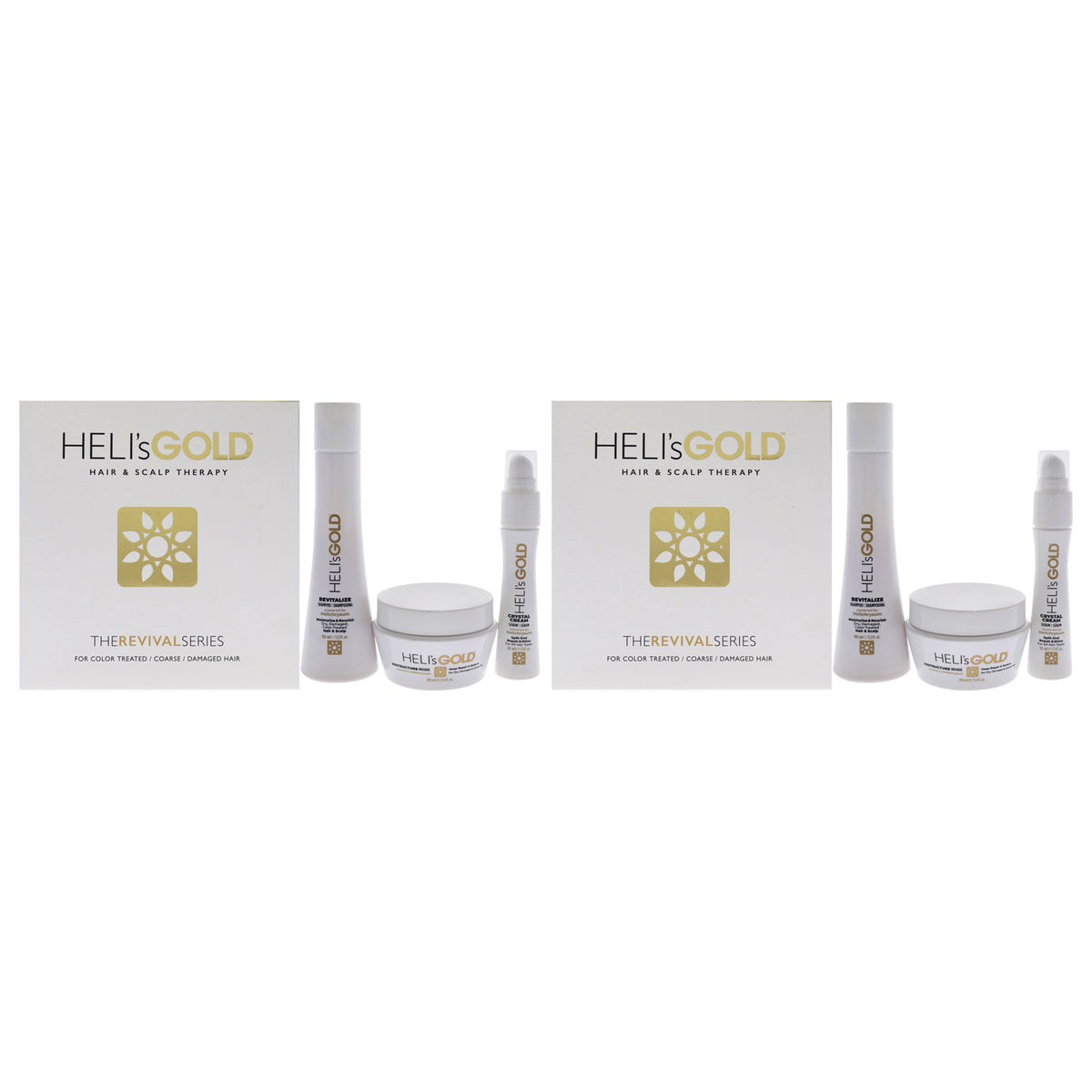 The Revival Series Travel Kit by Helis Gold for Unisex - 3 Pc 3.3oz Revitalize Shampoo, 3.3oz Restructure Mask, 1oz Crystal Cream - Pack of 2