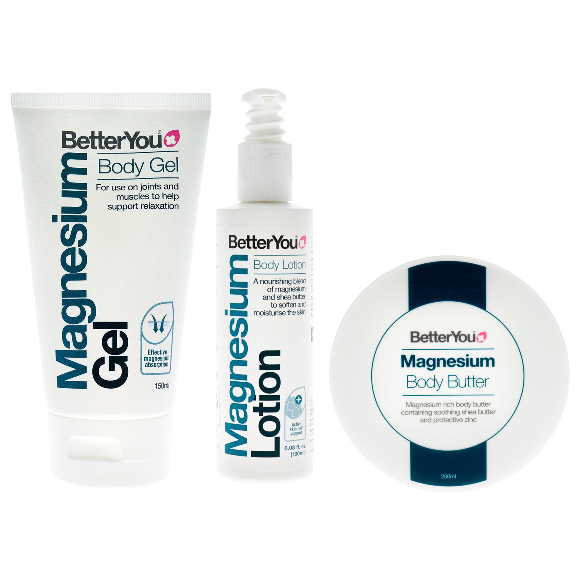 BY Original Full Body Bundle Kit by BetterYou for Unisex - 3 Pc Kit 6.08oz Magnesium Body Lotion, 6.76oz Magnesium Body Butter, 5.07oz Magnesium Body Gel