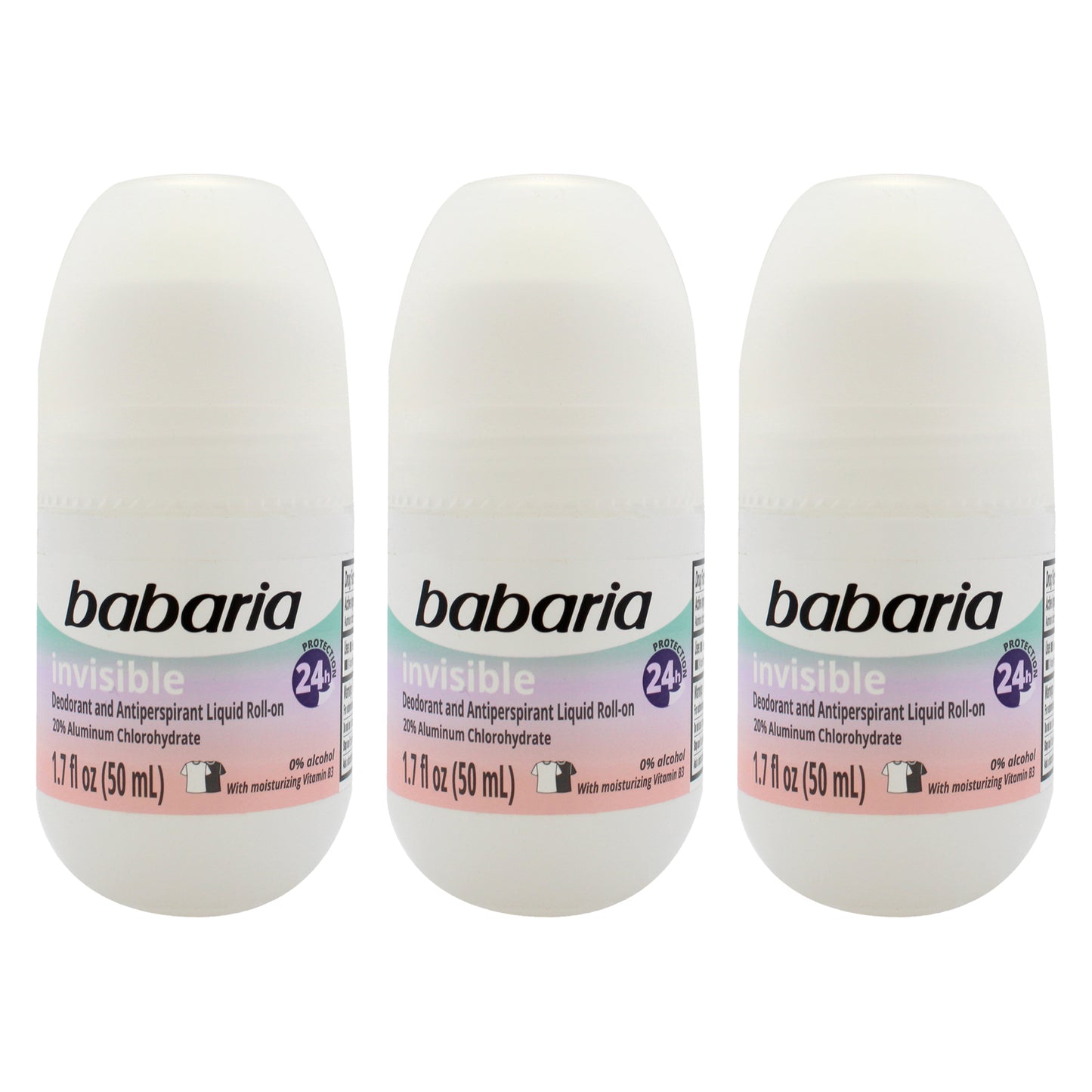 Invisible 24H Protection Deodorant and Antiperpirant by Babaria for Women - 1.7 oz Deodorant Roll-On - Pack of 3