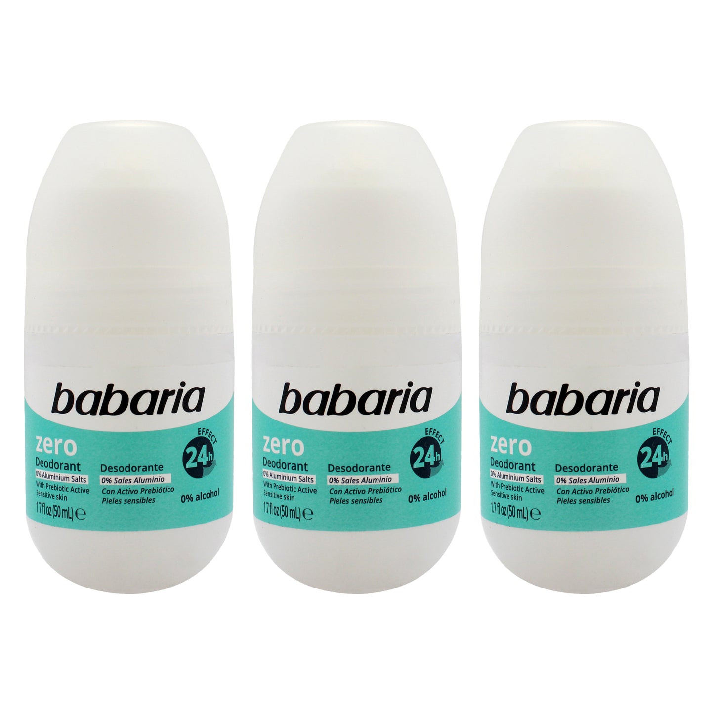 Zero 24H Effect Deodorant and Antiperpirant by Babaria for Women - 1.7 oz Deodorant Roll-On - Pack of 3