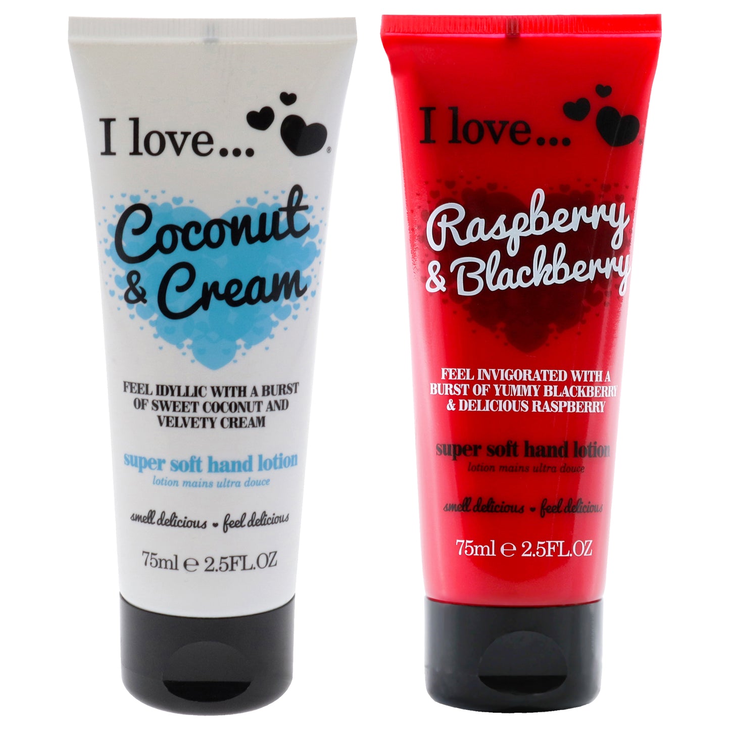 Super Soft Hand Lotion Kit by I Love Cosmetics for Women - 2 Pc Kit 2.5oz Super Soft Hand Lotion - Coconut and Cream, 2.5oz Super Soft Hand Lotion - Raspberry and Blackberry
