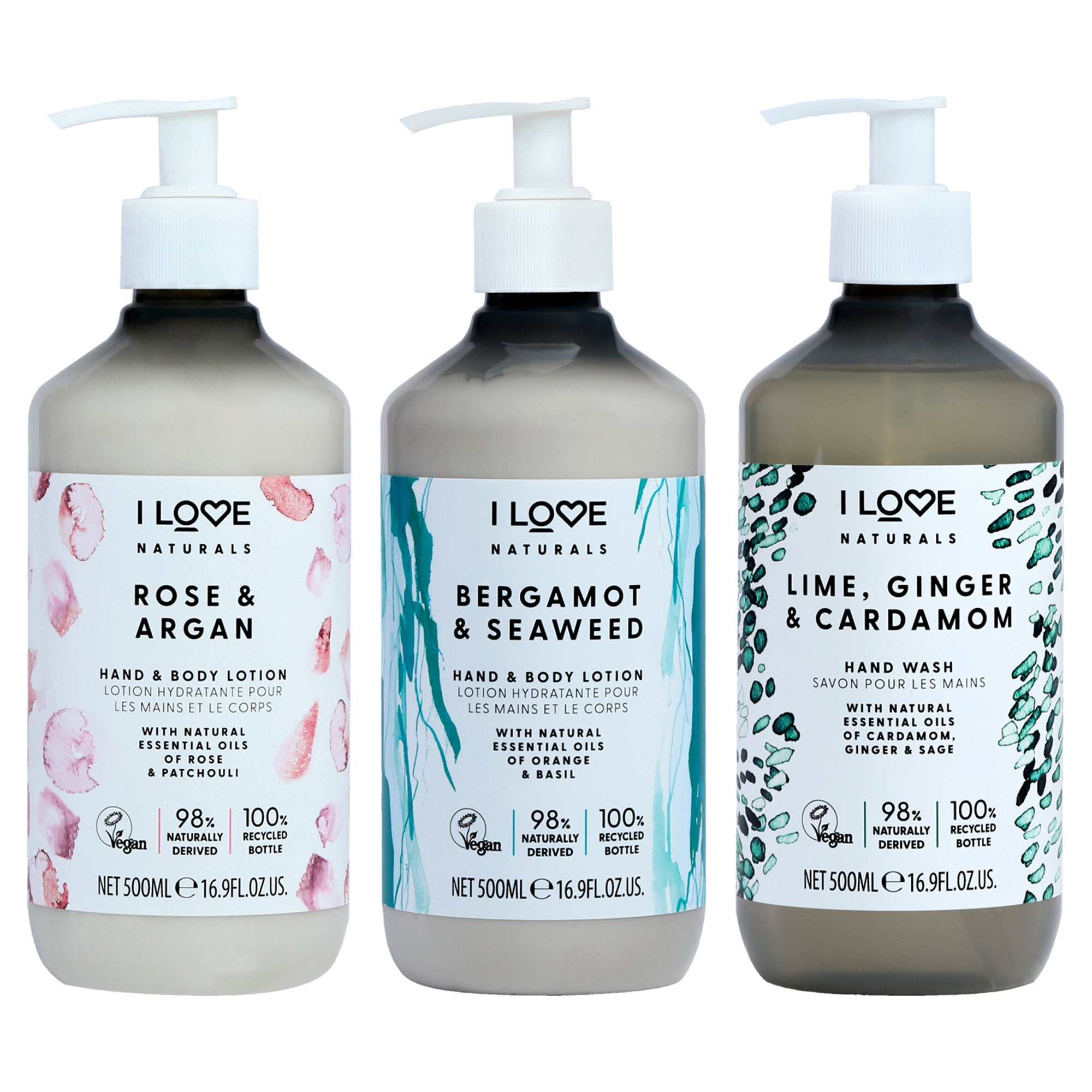 Naturals Lotion Kit by I Love Cosmetics for Women - 3 Pc Kit 16.9oz Naturals Hand and Body Lotion - Bergamot and Seaweed, 16.9oz Naturals Hand and Body Lotion - Lime-Ginger and Cardamon, 16.9oz Naturals Hand and Body Lotion - Rose and Argan