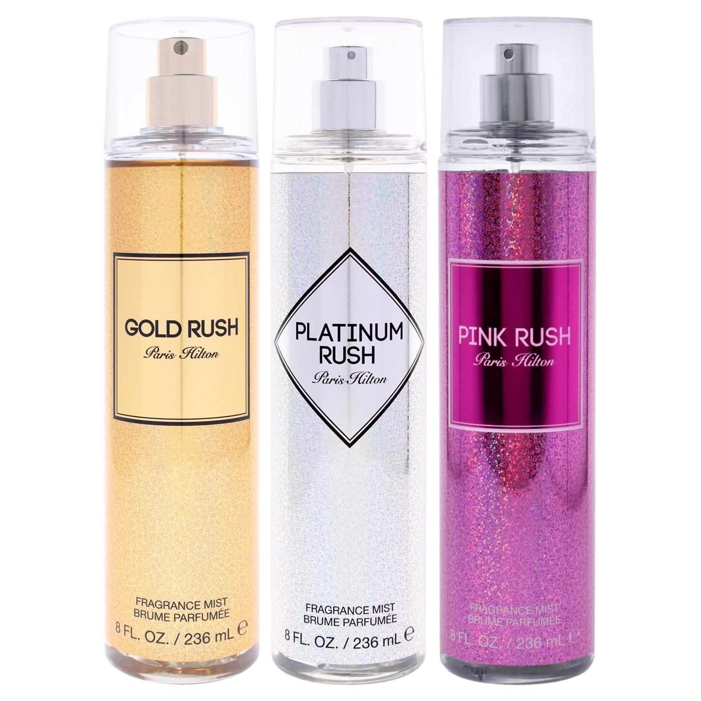 Paris Hilton Kit by Paris Hilton for Women - 3 Pc Kit 8oz Fragrance Mist - Pink Rush, 8oz Body Mist - Gold Rush, 8oz Fragrance Mist - Platinum Rush