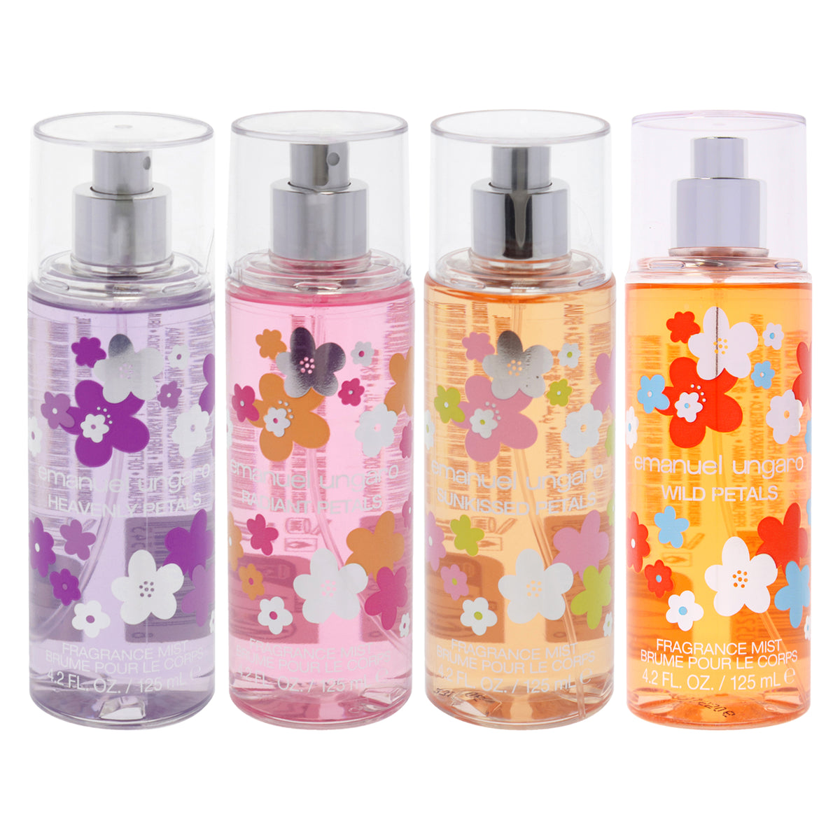 Petals Fragance Mist Kit by Emanuel Ungaro for Women - 4 Pc Kit 4.2oz Radiant Petals Fragrance Mist, 4.2oz Sunkissed Petals Fragrance Mist, 4.2oz Wild Petals Fragrance Mist, 4.2oz Heavenly Petals Fragrance Mist