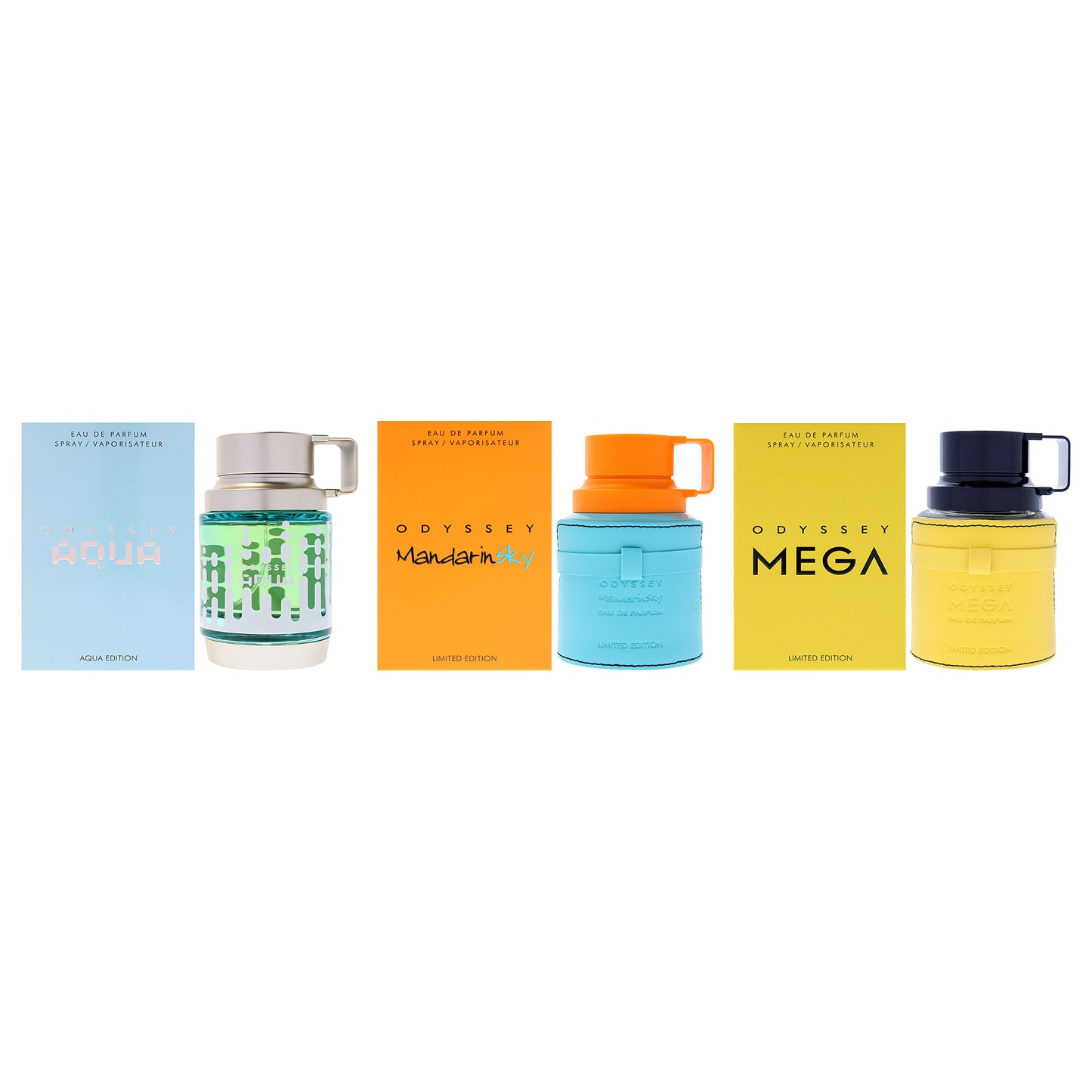 Odyssey Kit by Armaf for Men - 3 Pc Kit 2.02oz Odyssey - Mandarin Sky Limited Edition EDP Spray, 2.02oz Odyssey - Mega Limited Edition EDP Spray, 3.4oz Odyssey - Aqua Edition EDP Spray