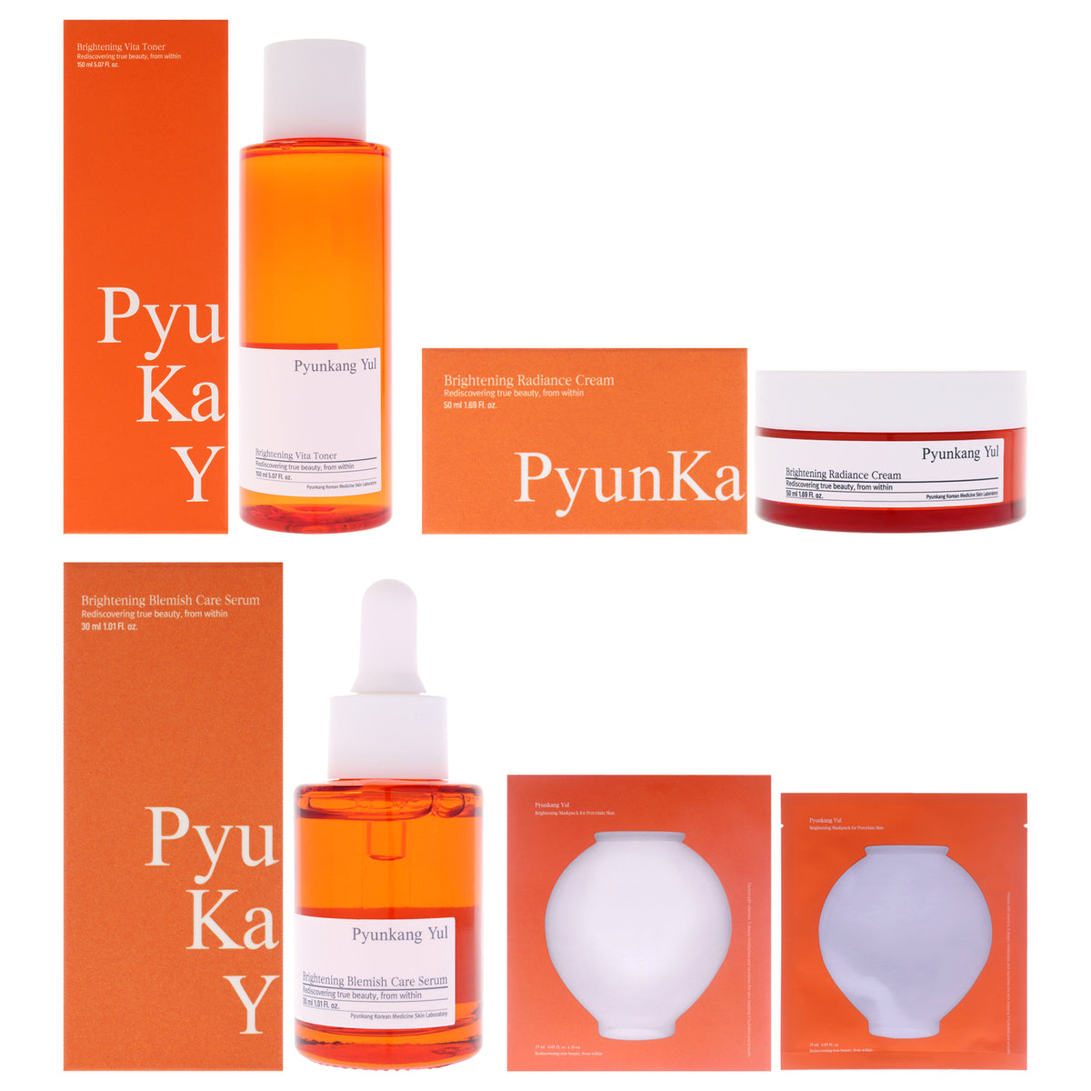 Brigthening Kit by Pyunkang Yul for Unisex - 4 Pc Kit 1.01oz Blemish Care Serum, 10 x 0.84oz Mask, 1.69oz Radiance Cream, 5.07oz Vita Toner