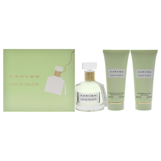 LEau De Toilette by Carven for Women - 3 Pc Gift Set 3.33oz EDT Spray, 3.33oz Light Body Cream, 3.33oz Ligth Bath and Shower Gel