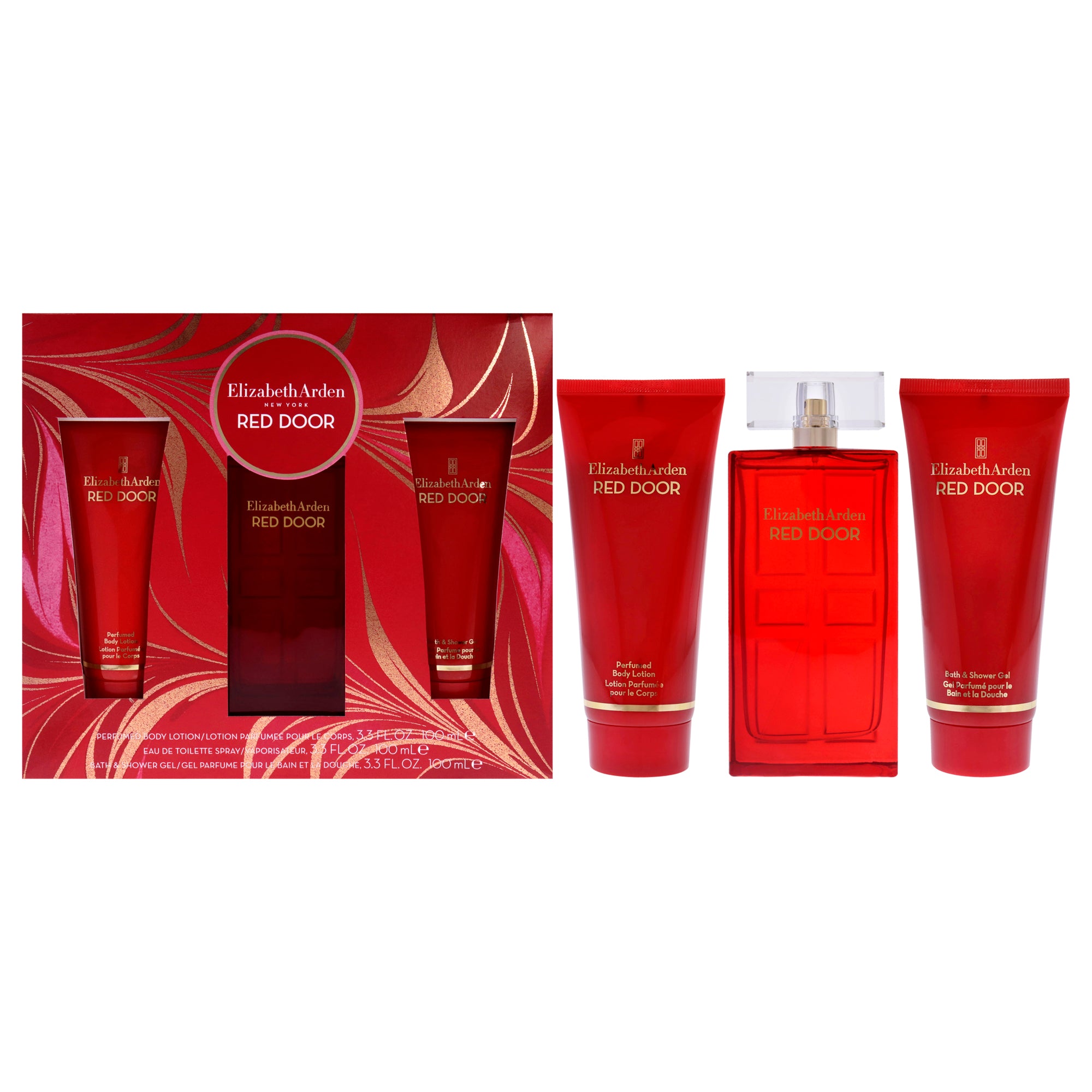 Red Door by Elizabeth Arden for Women - 3 Pc Gift Set 3.3oz EDT Spray, 3.3oz Body Lotion, 3.3oz Bath and Shower Gel