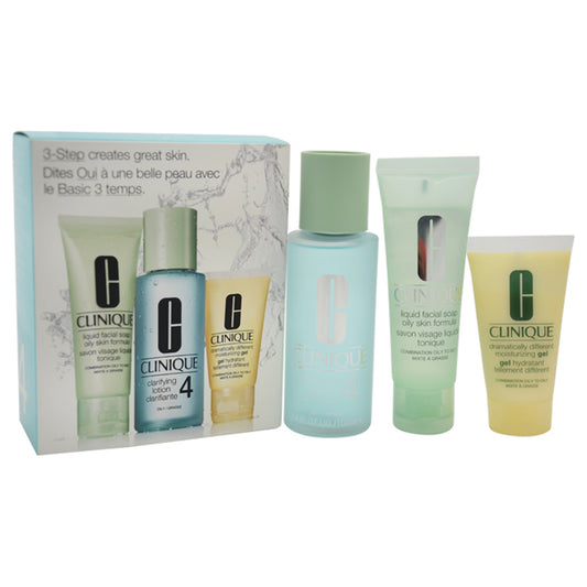3-Step Skin Care System For Skin Type 4 Oily by Clinique for Women - 3 Pc Kit 1.7oz Liquid Facial Soap Oily Skin Formula, 3.4oz Clarifying Lotion 4, 1oz Dramatically Different Moisturizing Gel