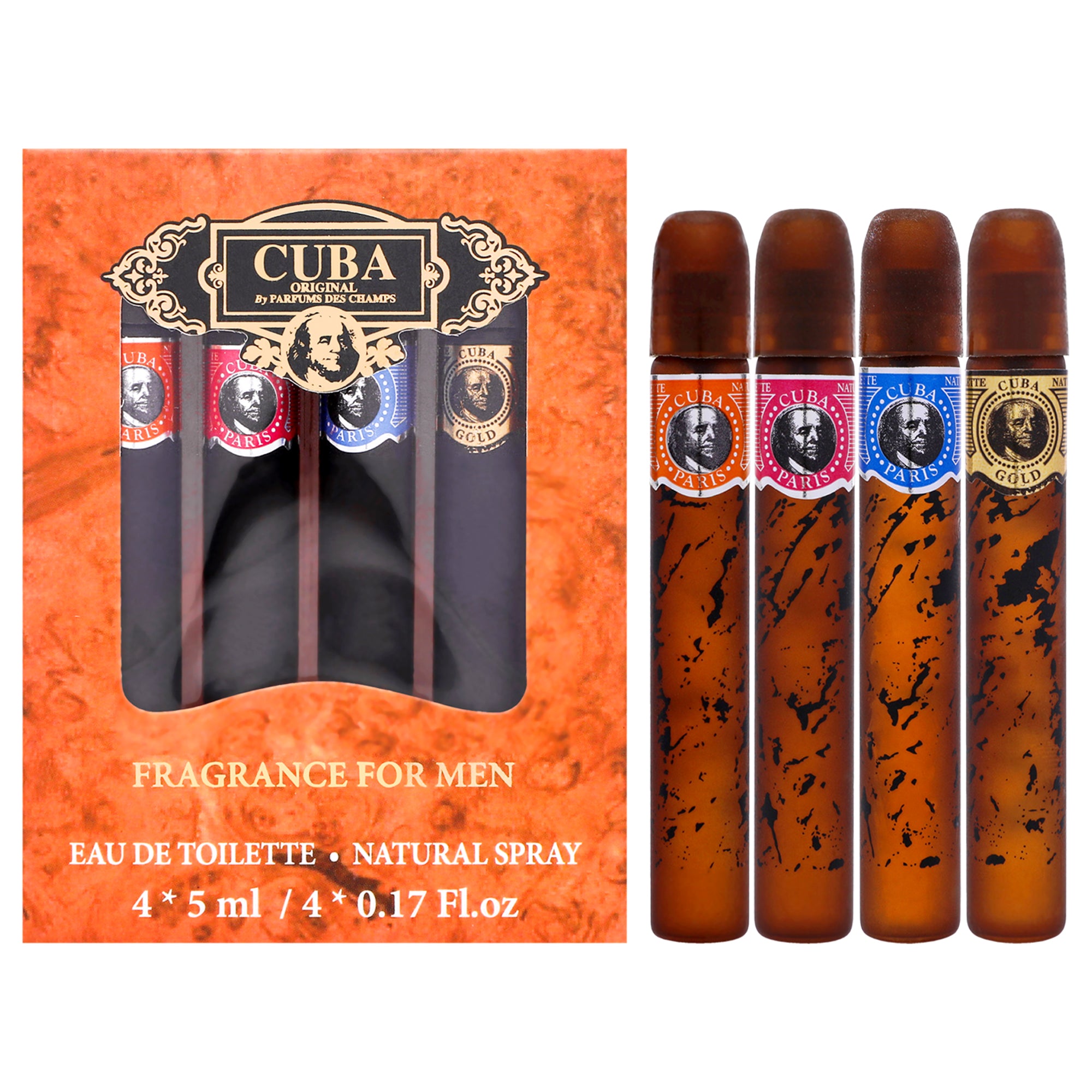 Cuba by Cuba for Men - 4 Pc Mini Gift Set 0.17oz Cuba Gold EDT Splash (Mini), 0.17oz Cuba Red EDT Splash (Mini), 0.17oz Cuba Blue EDT Splash (Mini), 0.17oz Cuba Orange EDT Splash (Mini)
