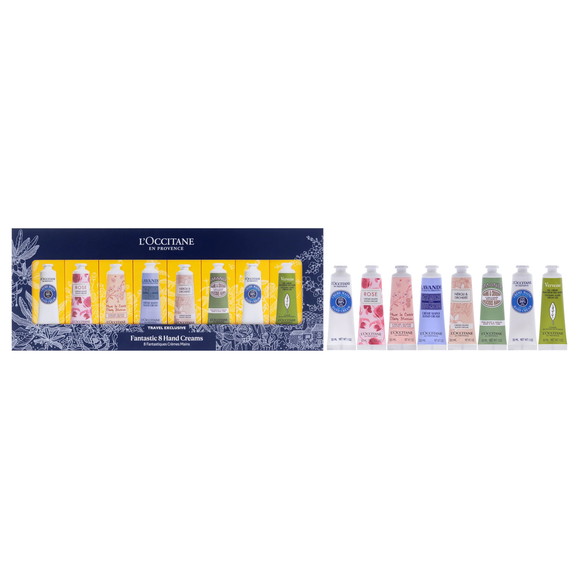 Fantastic 8 Hand Creams Kit by LOccitane for Unisex - 8 x 1 oz Shea Dry Skin, Rose, Cherry Blossom, Lavender, Neroli and Orchid, Almond, Verveine Cooling Hand Cream Gel