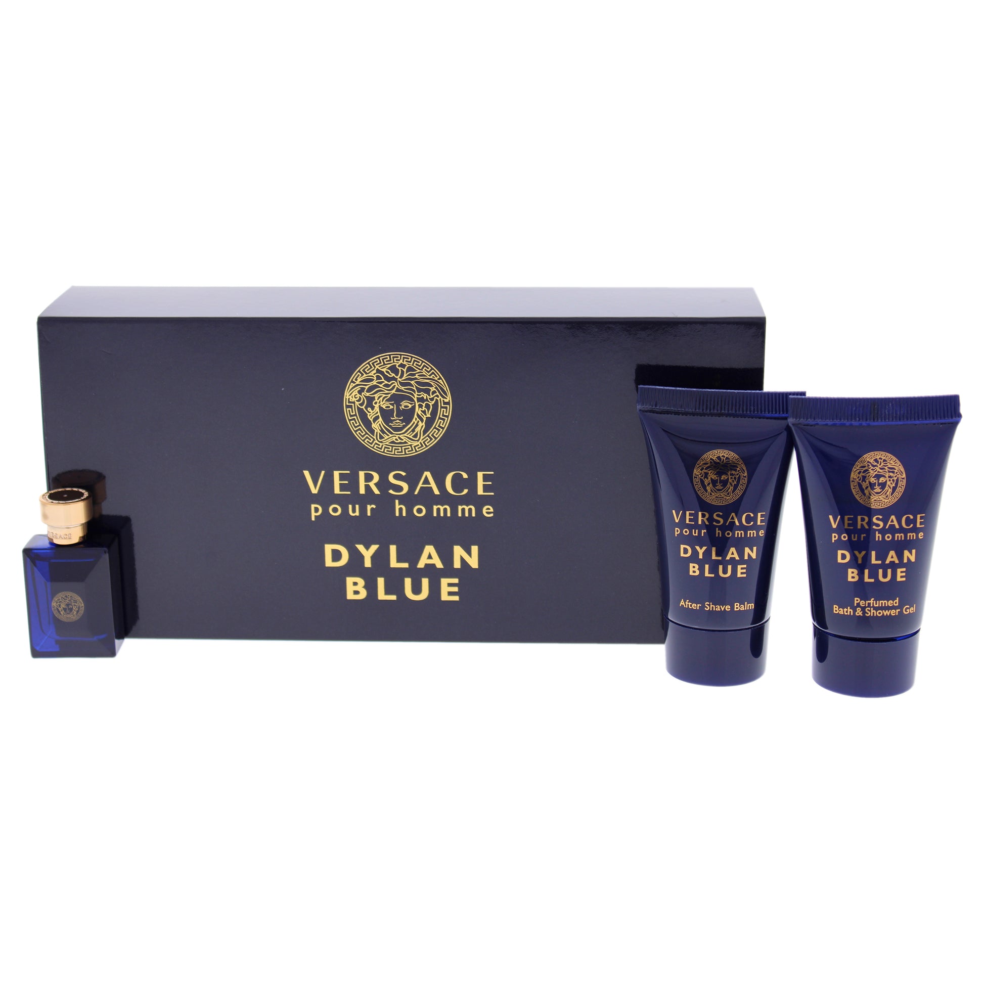 Dylan Blue by Versace for Men - 3 Pc Mini Gift Set 0.17oz EDT Splash, 0.8oz Perfumed Bath & Shower Gel, 0.8oz After Shave Balm
