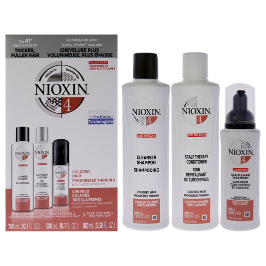 System 4 Kit by Nioxin for Unisex - 3 Pc 10.1oz Color Safe Cleanser Shampoo, 10.1 oz Color Safe Scalp Therapy Conditioner, 3.38oz Scalp and Hair Treatment
