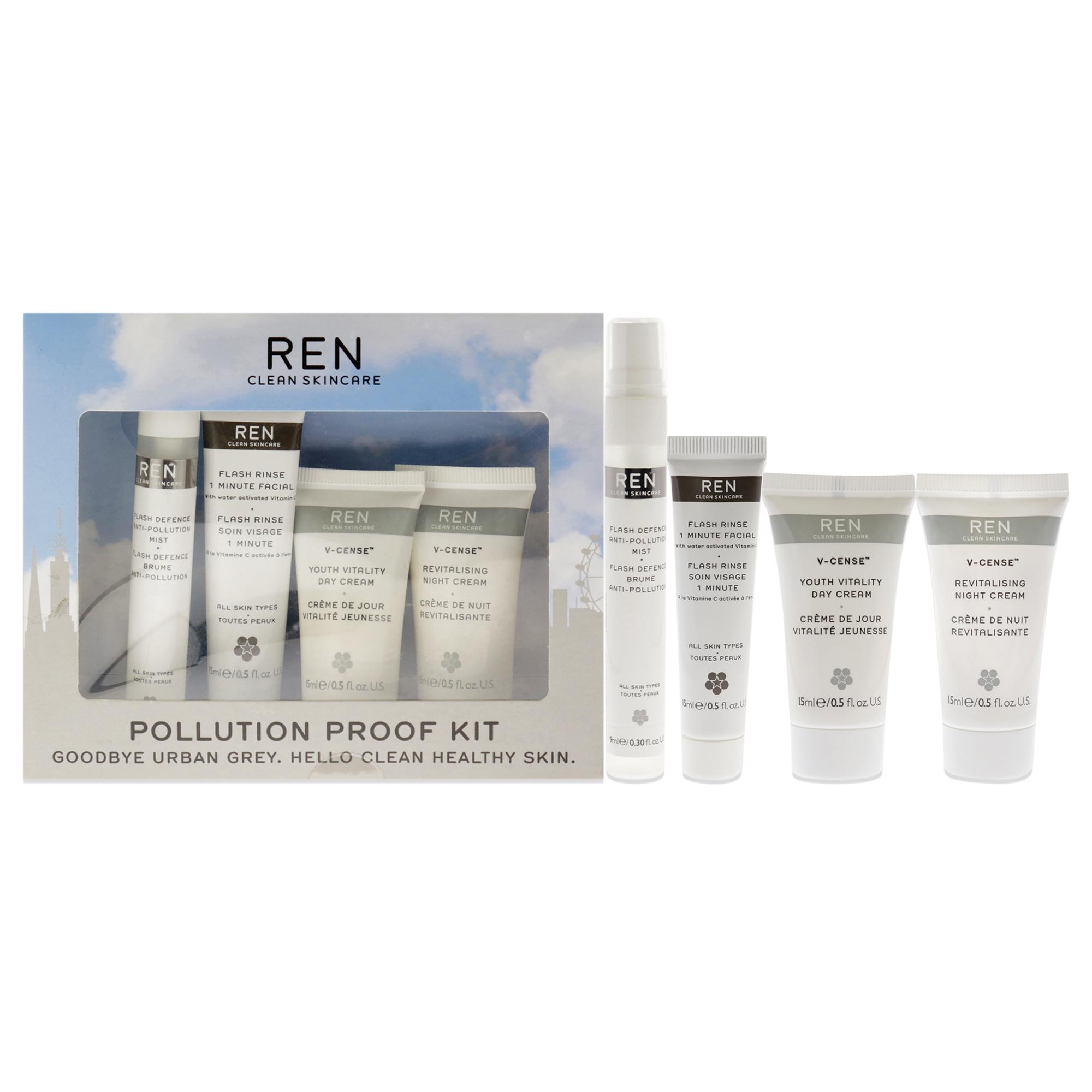 Pollution Proof Kit by REN for Unisex - 4 Pc 0.5oz Flash Rinse 1 Minute Facial, 0.5oz V-Cense Youth Vitality Day Cream,0.5oz V-Cense Revitalising Night Cream, 0.30oz Flash Defense Anti-Pollution Mist