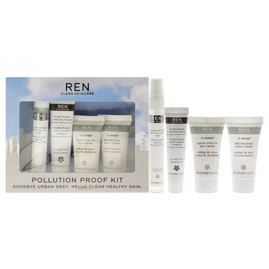 Pollution Proof Kit by REN for Unisex - 4 Pc 0.5oz Flash Rinse 1 Minute Facial, 0.5oz V-Cense Youth Vitality Day Cream,0.5oz V-Cense Revitalising Night Cream, 0.30oz Flash Defense Anti-Pollution Mist