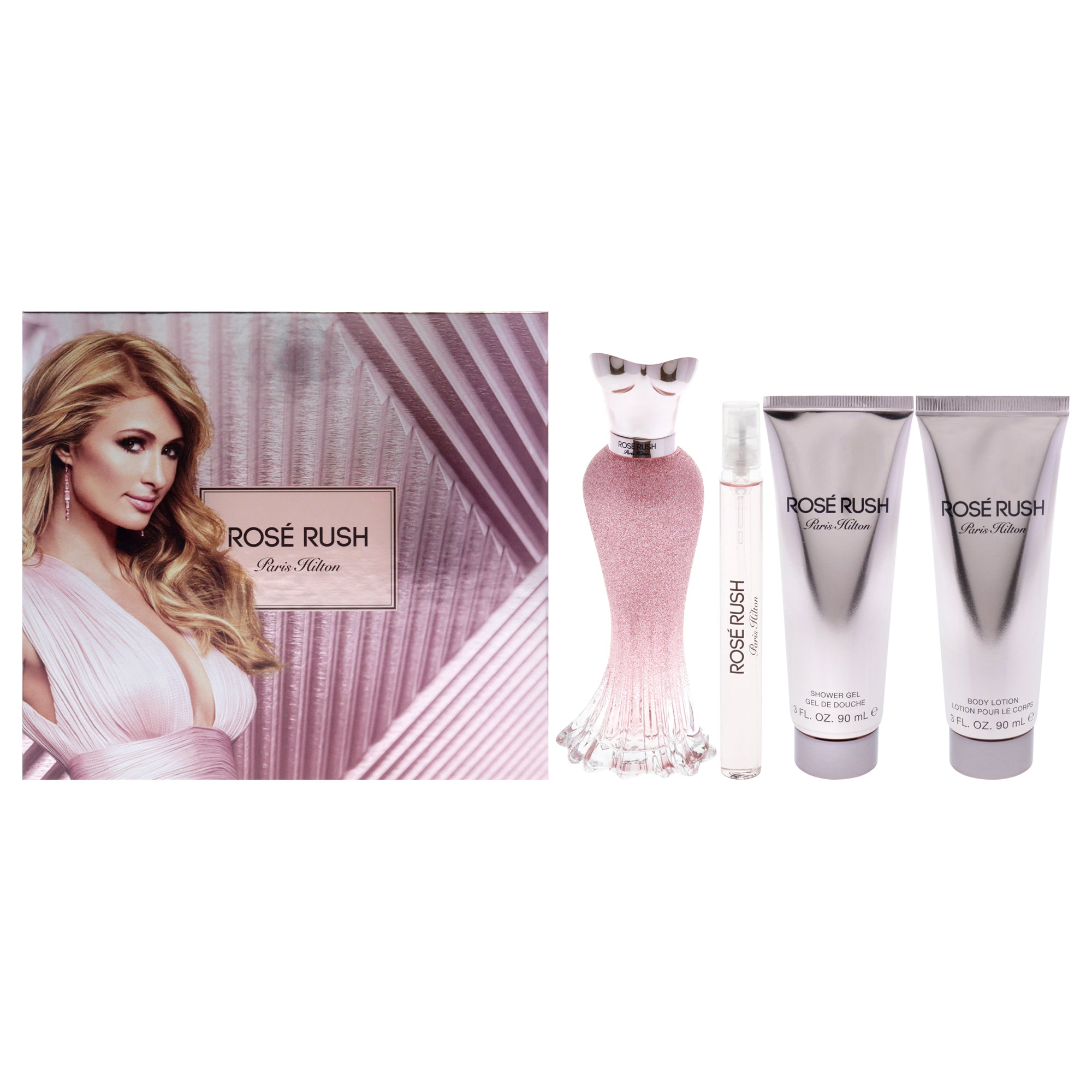 Rose Rush by Paris Hilton for Women - 4 Pc Gift Set 3.4oz EDP Spray, 0.34oz EDP Spray, 3.0oz Body Lotion, 3.0oz Shower Gel