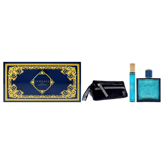 Versace Eros by Versace for Men - 3 Pc Gift Set 3.4oz EDT Spray, 10ml EDT Spray, Blue Trousse