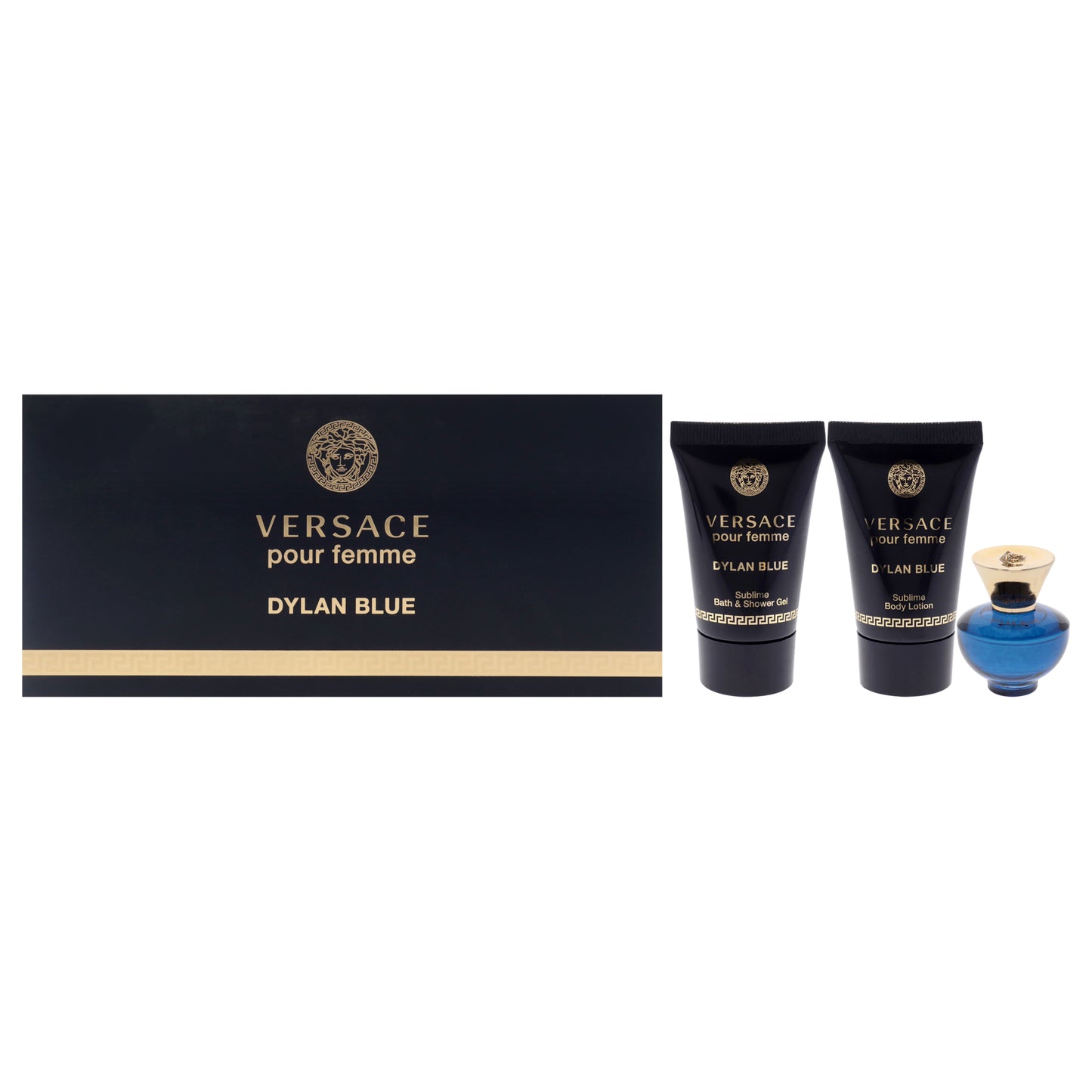 Dylan Blue by Versace for Women - 3 Pc Mini Gift Set 0.17oz EDP Spray, 0.8oz Sublime Body Lotion, 0.8oz Sublime Bath and Shower Gel