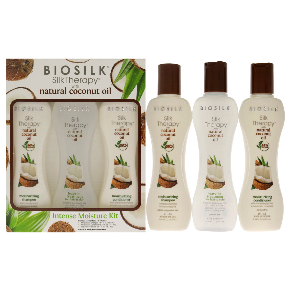 Silk Therapy With Organic Coconut Intense Moisture Kit by Biosilk for Unisex - 3 Pc 5.64oz Shampoo, 5.64oz Conditioner, 5.64oz Leave-In Treatment for Hair and Skin