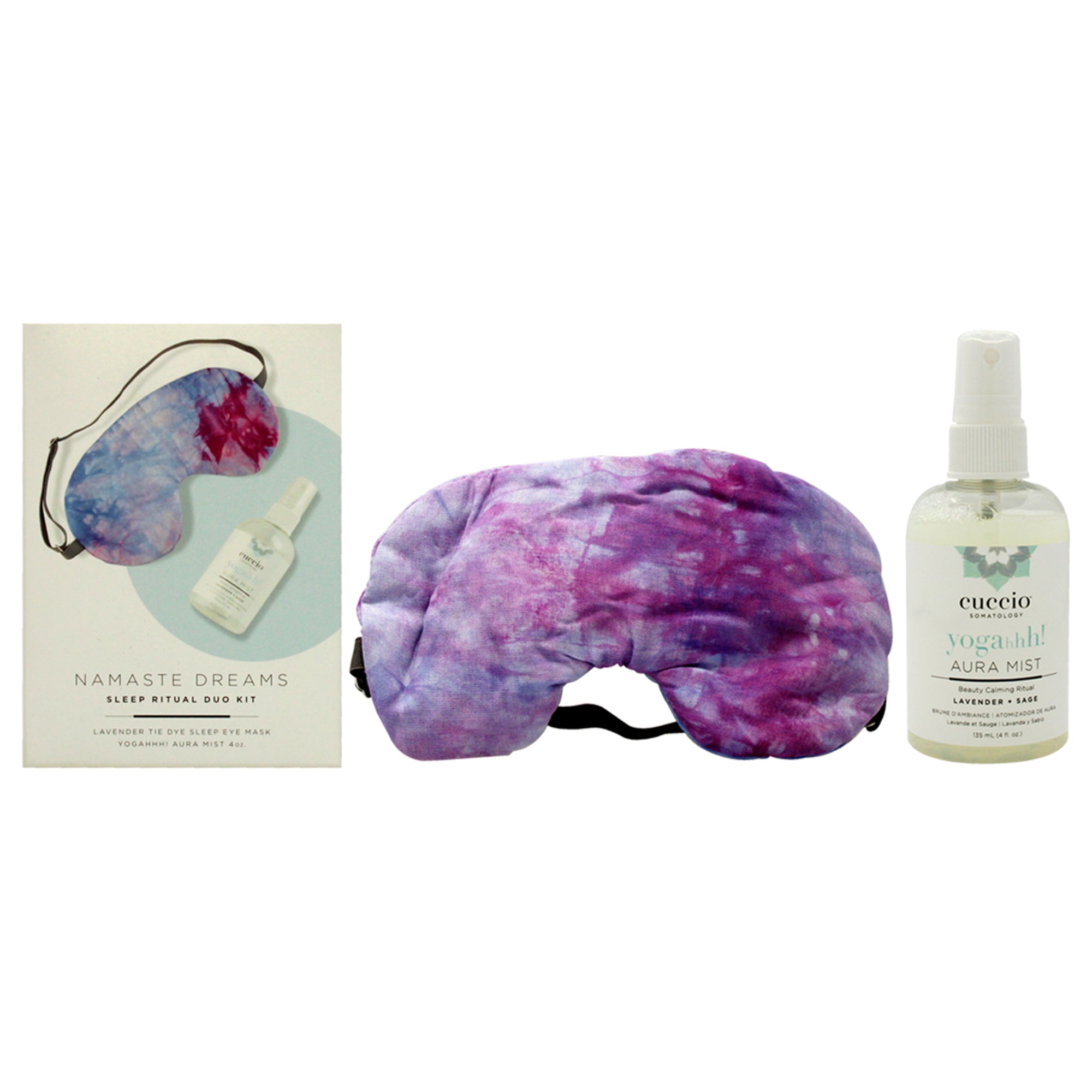 Namaste Dreams Sleep Ritual Duo Kit by Cuccio Somatology for Unisex - 2 Pc 4oz Yogahhh Aura Mist, Lavender Tie Dye Sleep Eye Mask