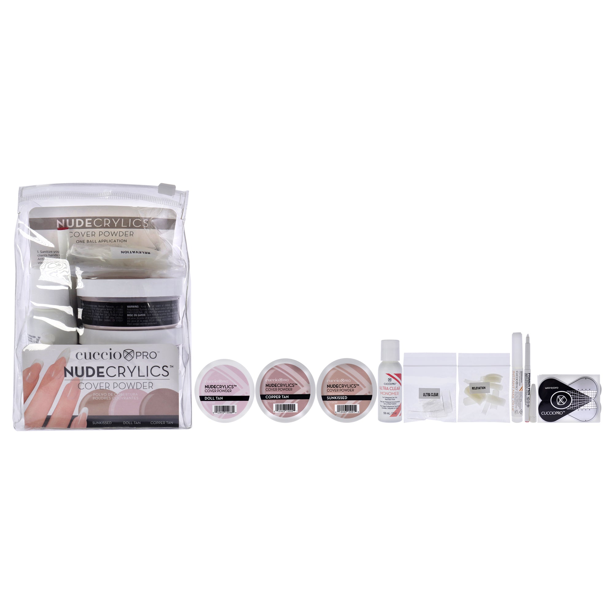 Nudecrylics Cover Powder Kit by Cuccio Pro for Women - 9 Pc 3 x 1.6oz Nudecrylics Color Powders - Dolll Tan, Sunkissed, Cooper Tan, 0.07oz Primer Pen, 0.07oz Instant Nail Glue, 2oz Ultra Clear Monomer, 20 High C Curve Tips Assorted, 20 Ultra Wear Tips Clear, 20 Nail Forms