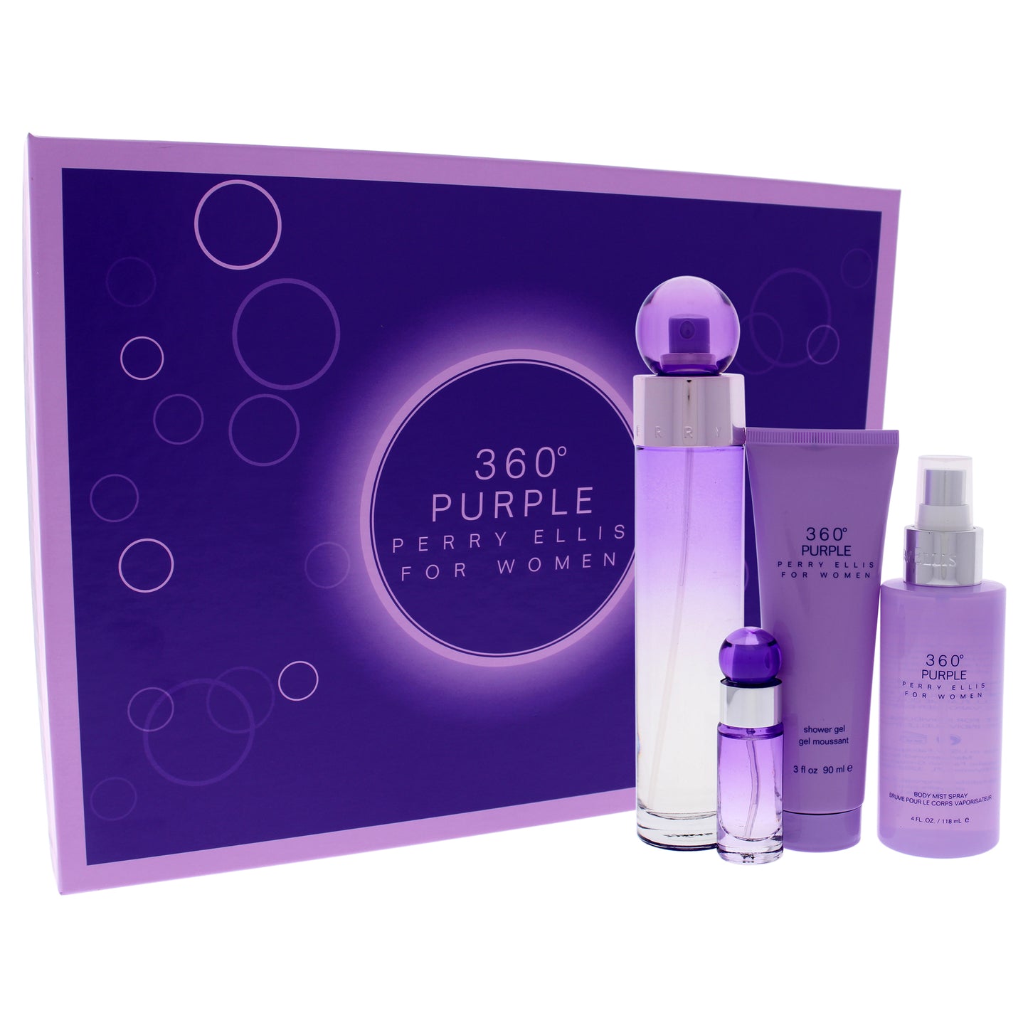 360 Purple by Perry Ellis for Women - 4 Pc Gift Set 3.4oz EDP Spray, 0.25oz EDP Spray, 4oz Body Mist, 3oz Shower Gel