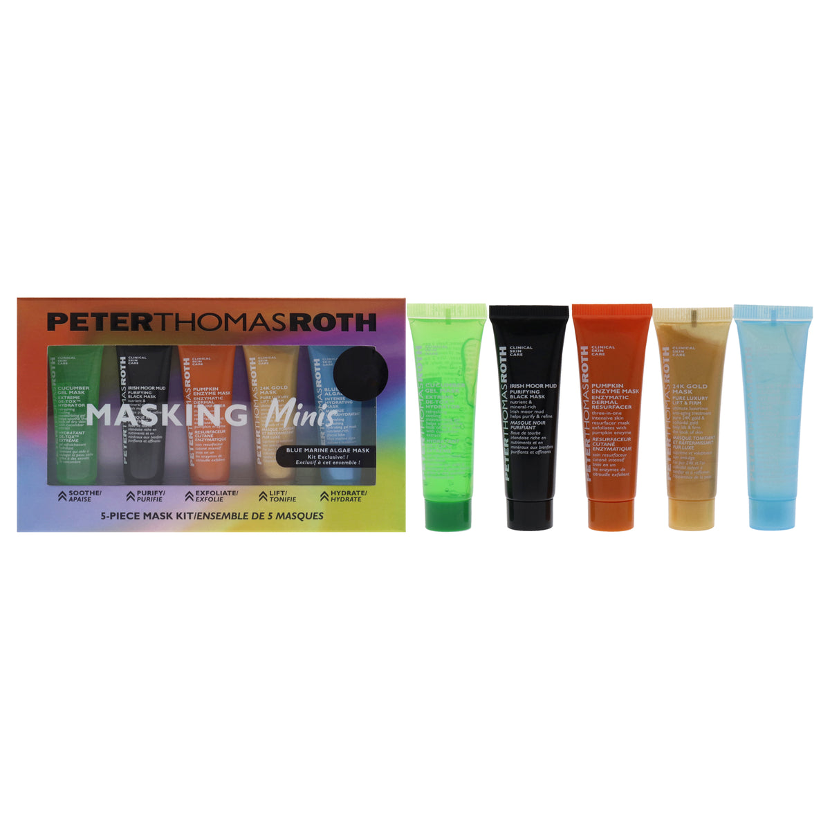 Masking Minis Kit by Peter Thomas Roth for Unisex - 5 Pc 0.47oz Blue Marine Algae Intense Hydrating Mask, 0.47oz Pumpkin Enzyme Mask Enzymatic Dermal Resurfacer, 0.47oz Irish Moor Mud Purifying Black Mask, 0.47oz Cucumber Gel Mask Extreme De-Tox Hydr
