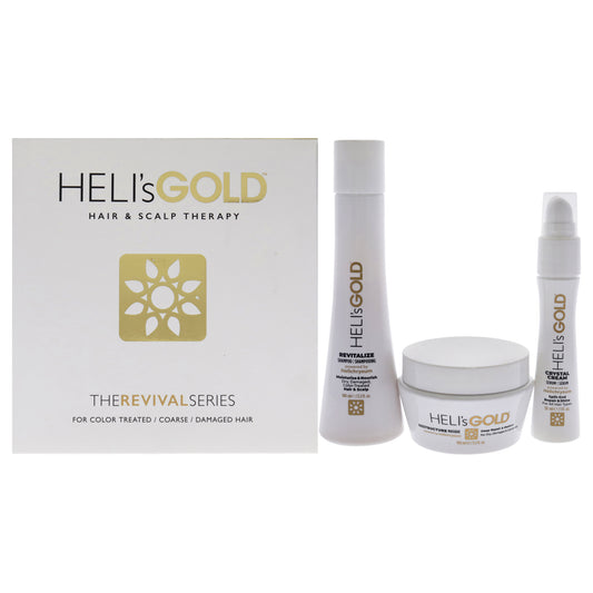 The Revival Series Travel Kit by Helis Gold for Unisex - 3 Pc 3.3oz Revitalize Shampoo, 3.3oz Restructure Mask, 1oz Crystal Cream