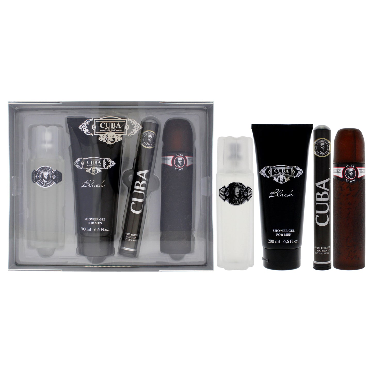 Cuba Black by Cuba for Men - 4 Pc Gift Set 3.3oz EDT Spray, 1.7oz EDT Spray, 3.3oz After Shave, 6.7oz Shower Gel