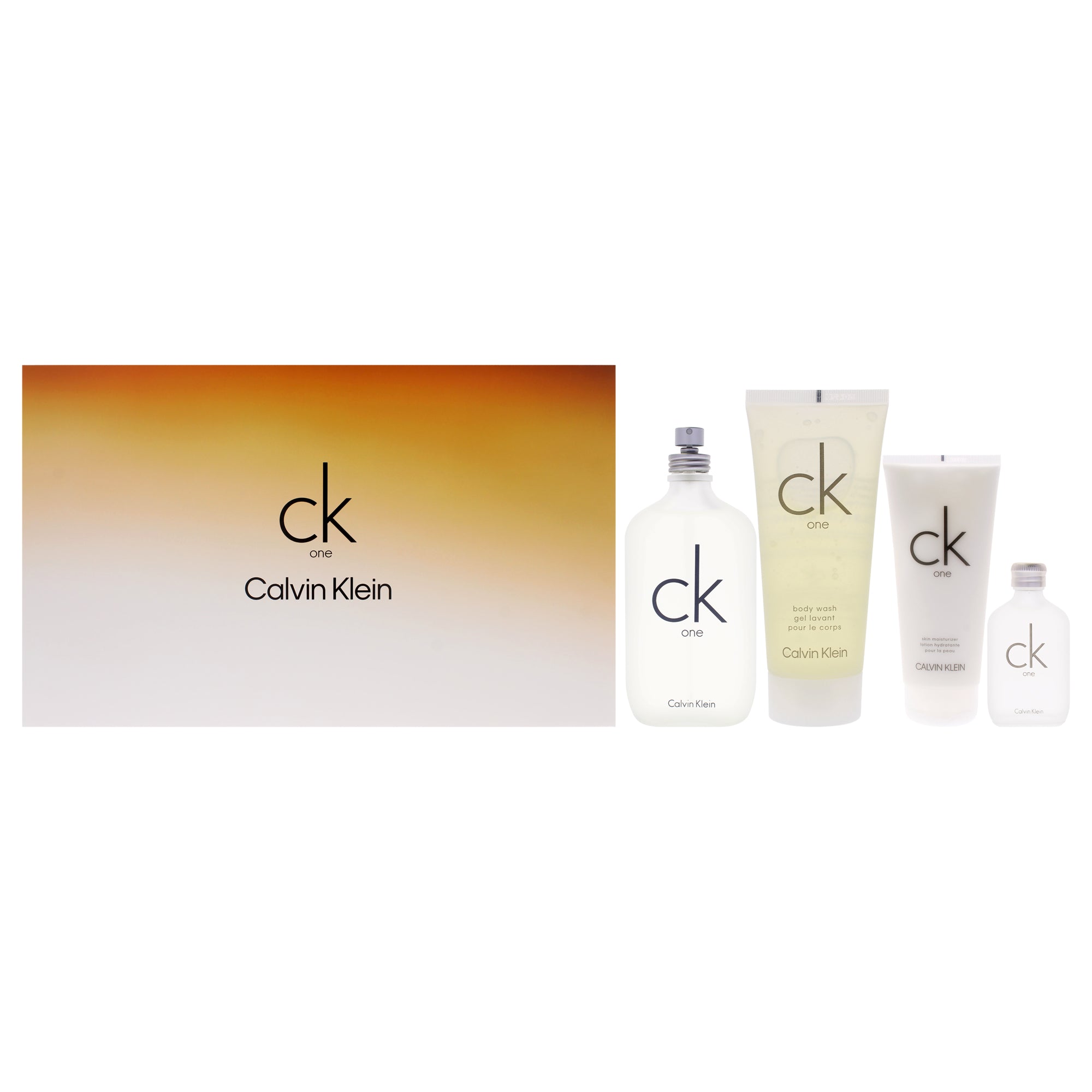CK One by Calvin Klein for Unisex - 4 Pc Gift Set 6.7oz EDT Spray, 6.7oz Skin Moisturizer, 3.4oz Body Wash, 0.5oz EDT Splash