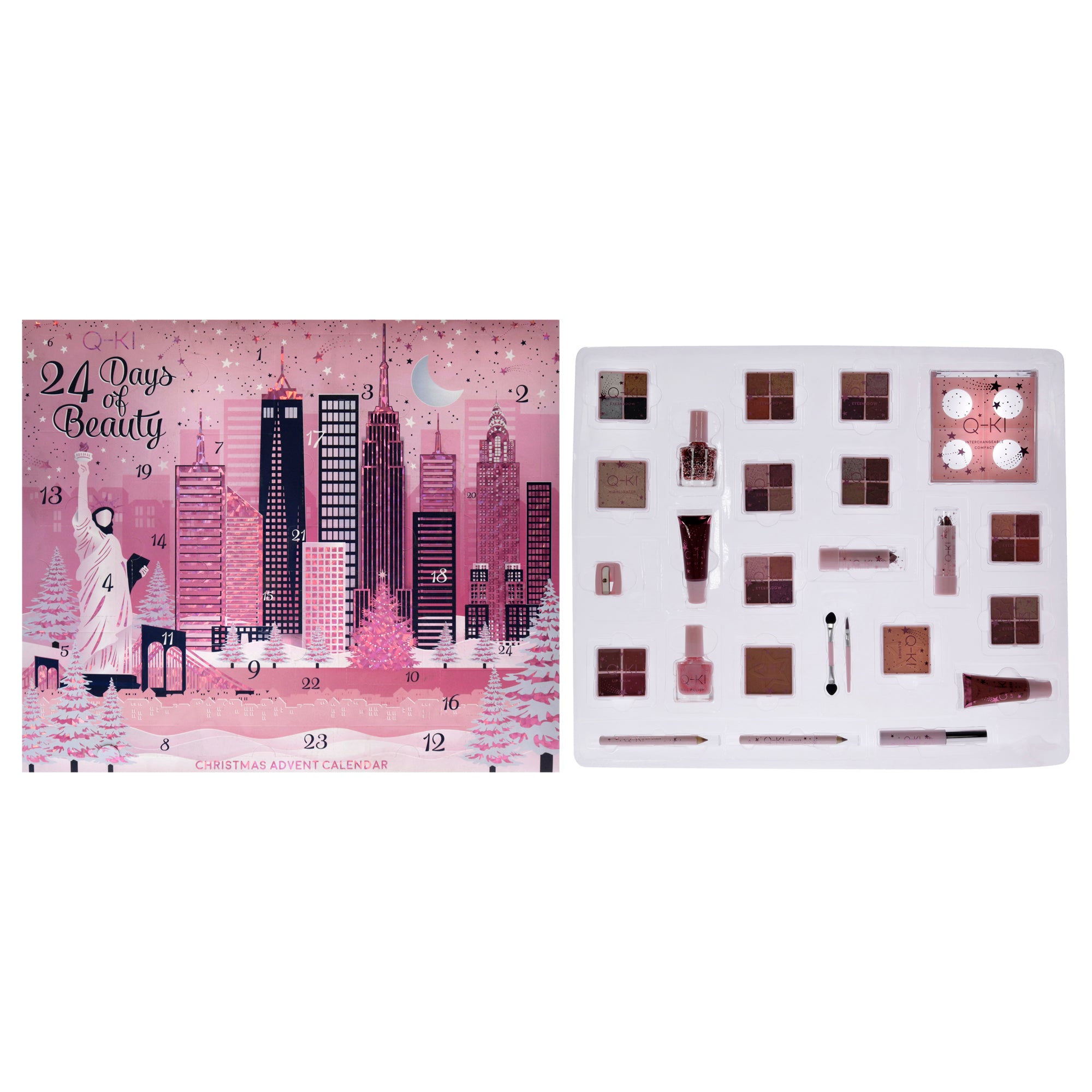 24 Days Of Beauty New York Advent Calendar Set by Q-KI for Women - 26 Pc 8 x 0.15oz Eye Shadow, 0.14oz Blusher, 0.17oz Mascara, 2 x 0.03oz Lip Liner, 0.27oz Glitter Nail Polish - 14, 0.27oz Nail Polish - 1, 0.14oz Bronzer, 0.14oz Highlighter, 0.08oz Lip Balm, 2 x 0.37oz Lip Gloss Tubes, 2 x 0.12oz Lipstick, Pencil Sharpener, 3 Brushes, Interchangeable Compact