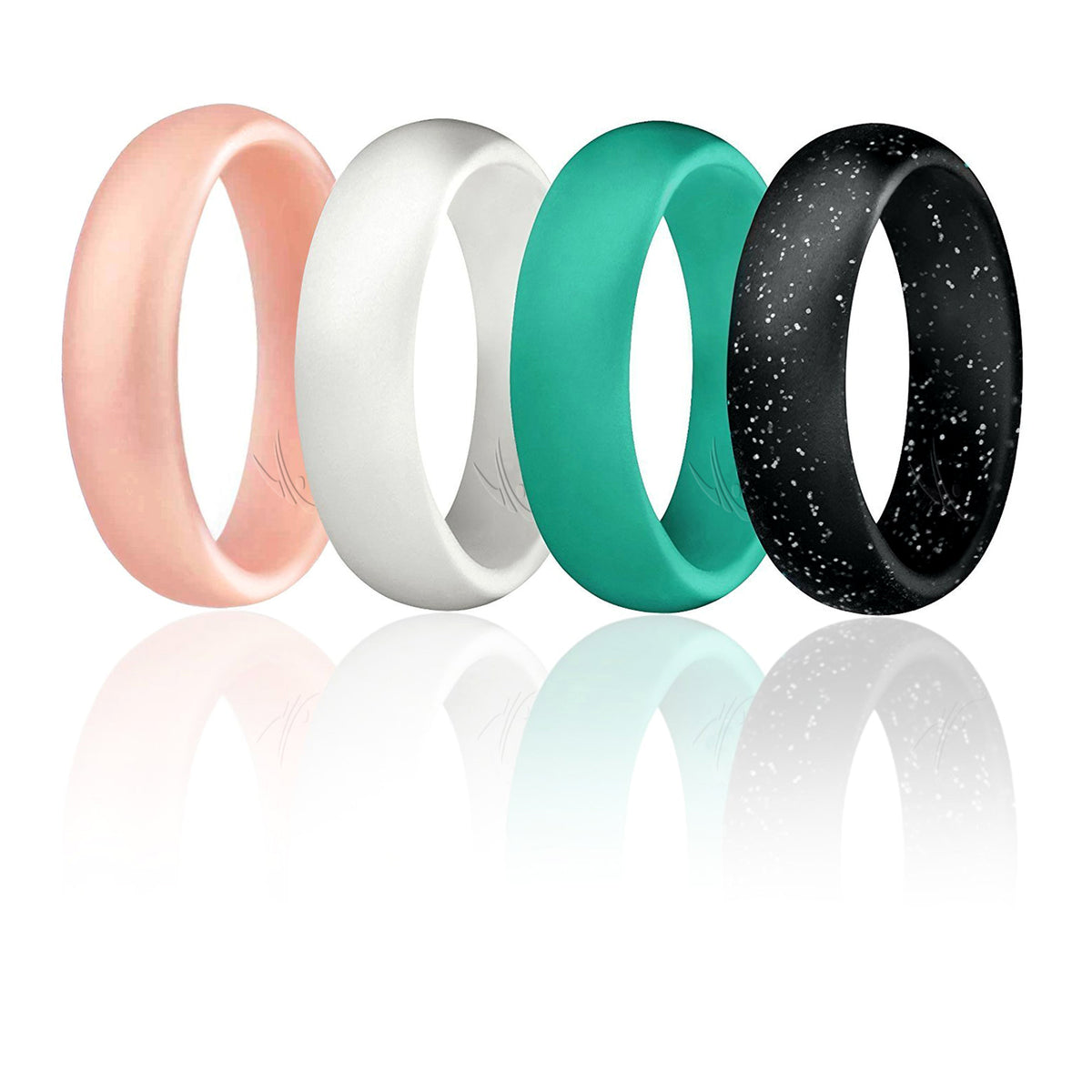 Silicone Wedding Ring - Dome Style Set by ROQ for Women - 4 x 10 mm Turquoise, Rose Gold, White, Black with Glitter Silver
