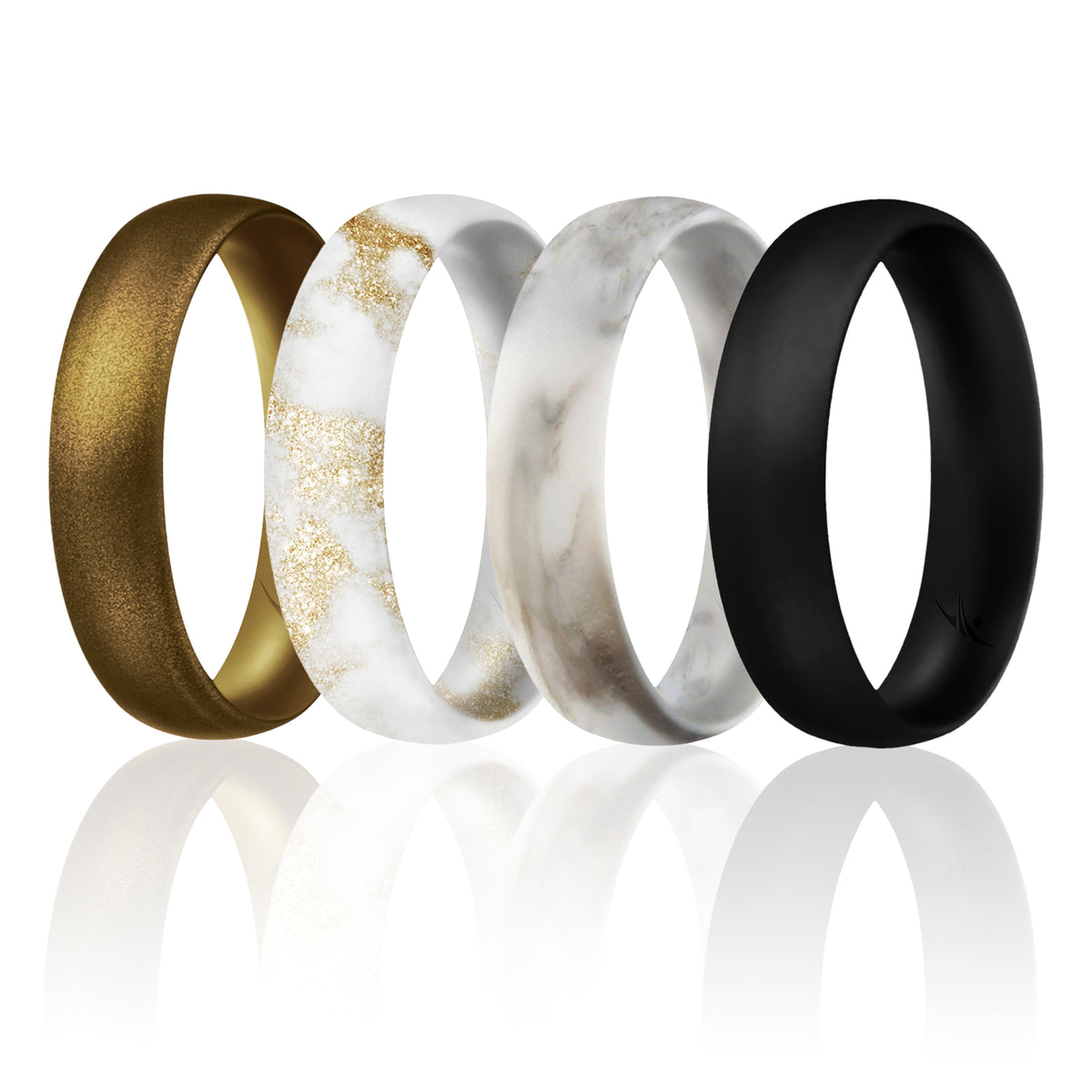 Silicone Wedding Ring - Dome Style Thin Comfort Fit Set by ROQ for Women - 10 mm Marble White with Black, Marble White with Metal Bronze, Black, Metal Bronze