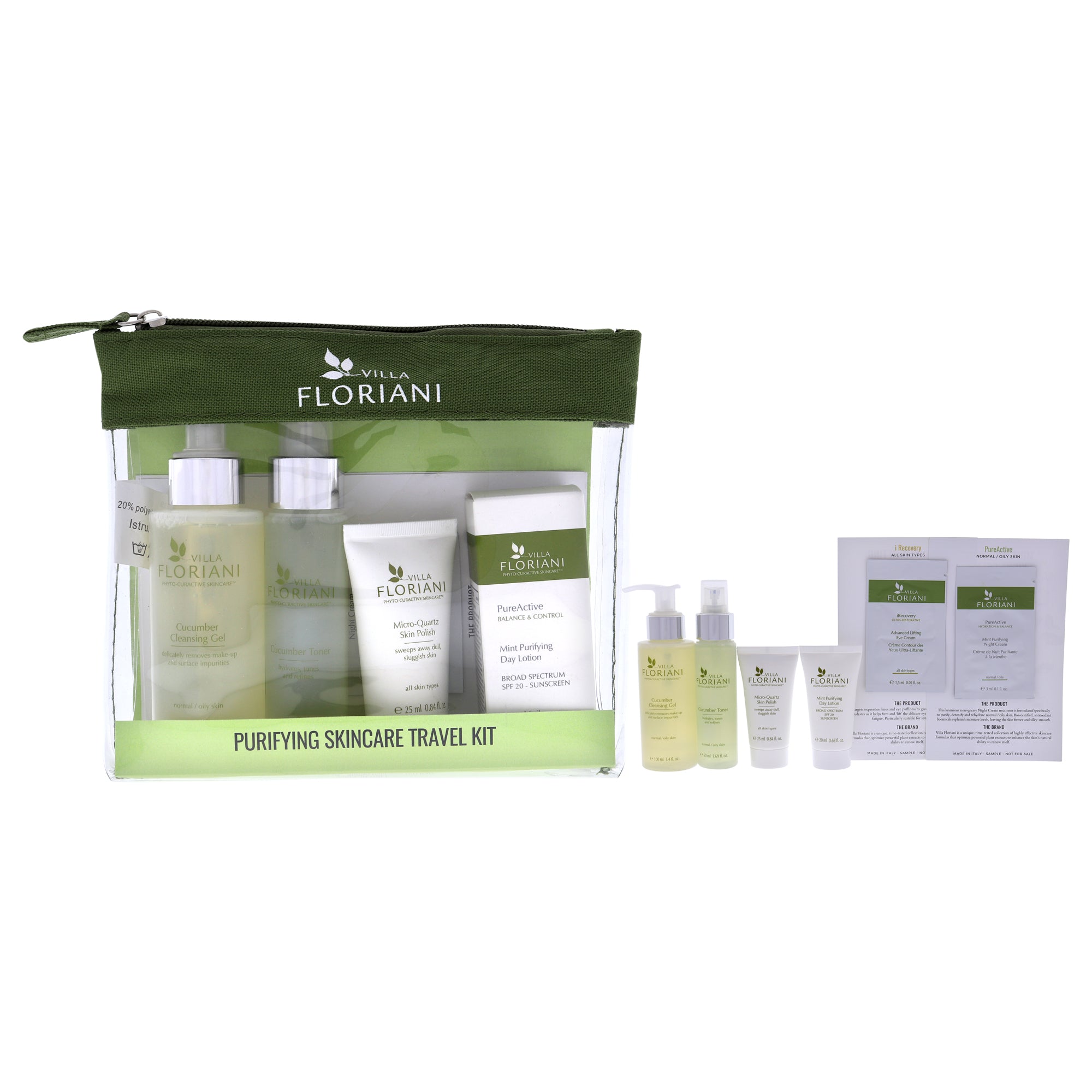 Purifying Skincare Travel Kit by Villa Floriani for Women - 6 Pc 3.4oz Cucumber Cleansing Gel, 1.69oz Cucumber Toner, 0.05oz Advanced Lifting Eye Cream, 0.68oz Mint Purifying Day Lotion SPF20, 0.84oz Micro-Quartz Skin Polish, 0.1oz Mint Purifying Nig