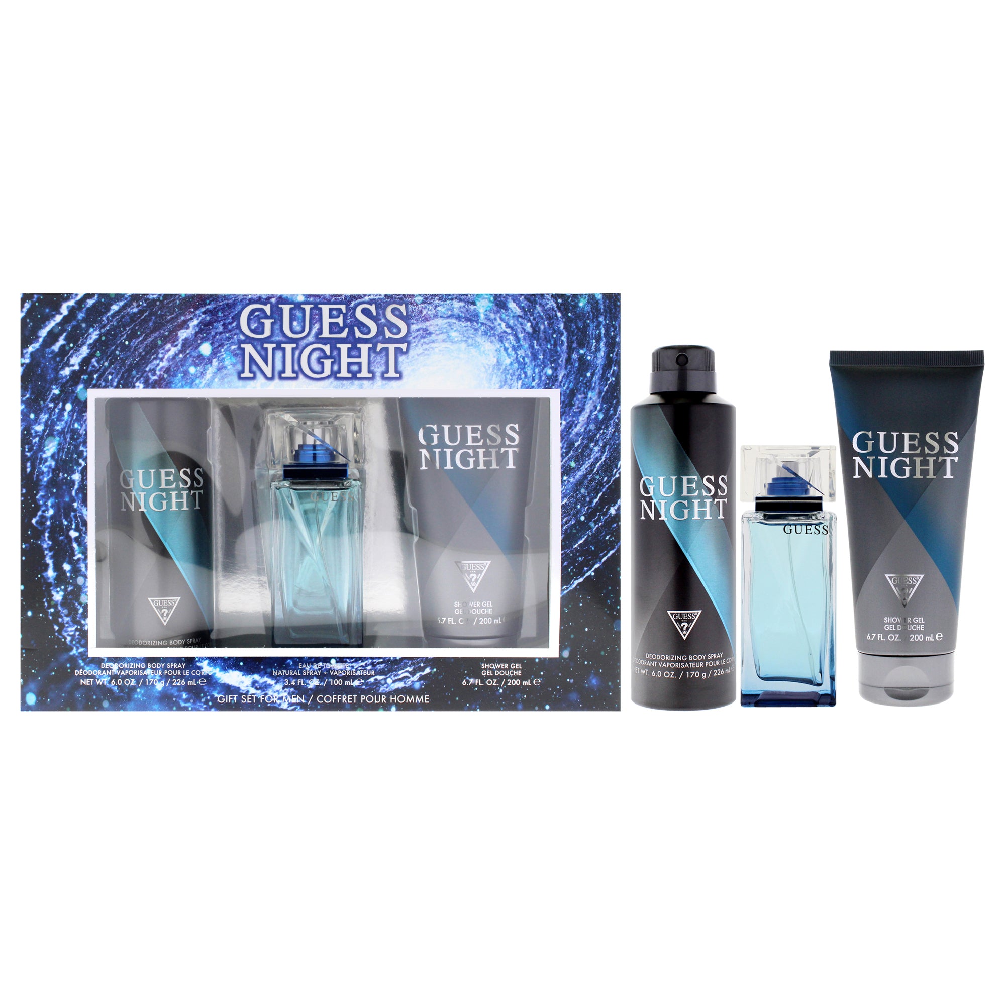 Guess Night by Guess for Men - 3 Pc Gift Set 3.4oz EDT Spray , 6.0oz Deodorizing Body Spray, 6.7oz Shower Gel