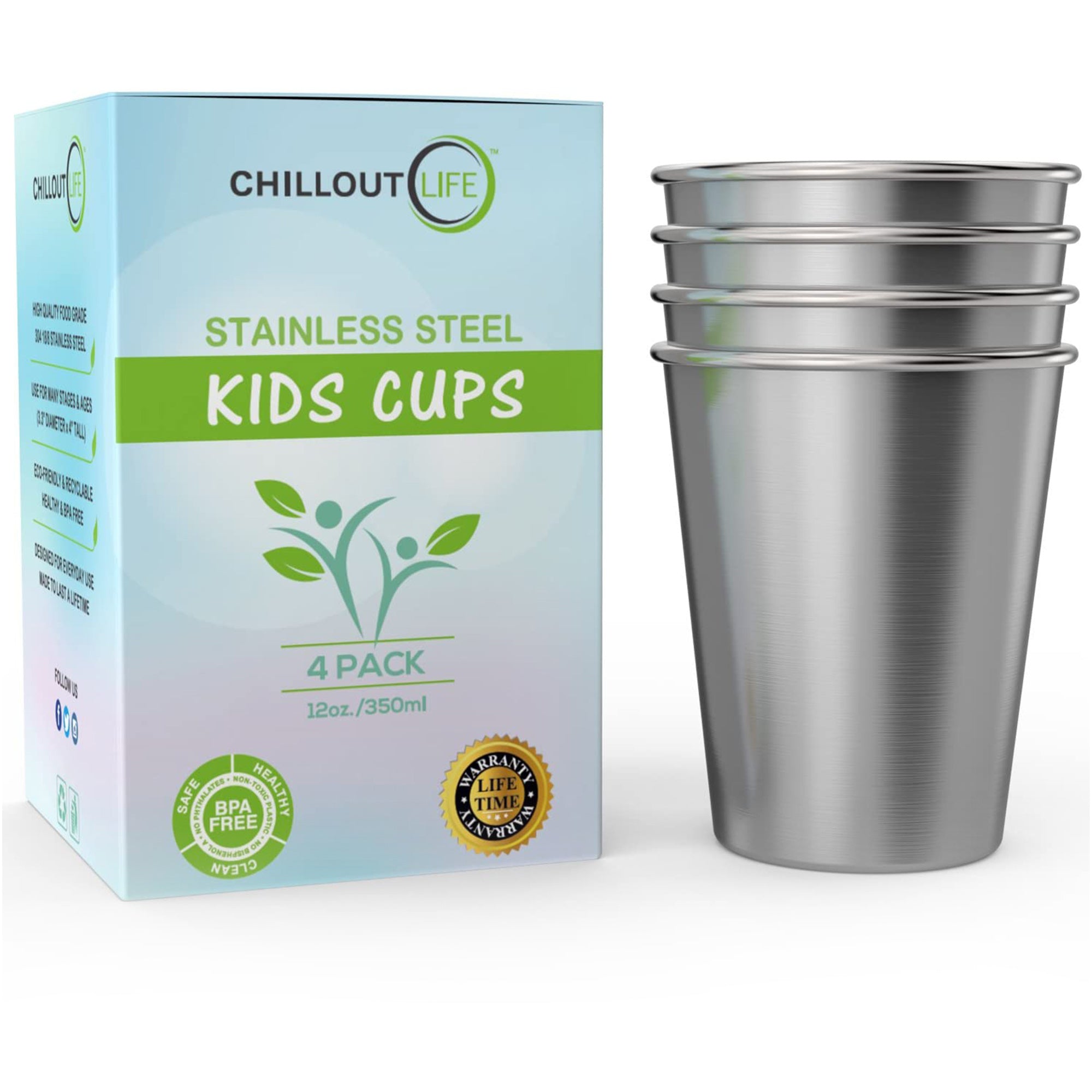 Stainless Steel Kids Cups Set by Chillout Life for Kids - 4 x 12 oz Cup